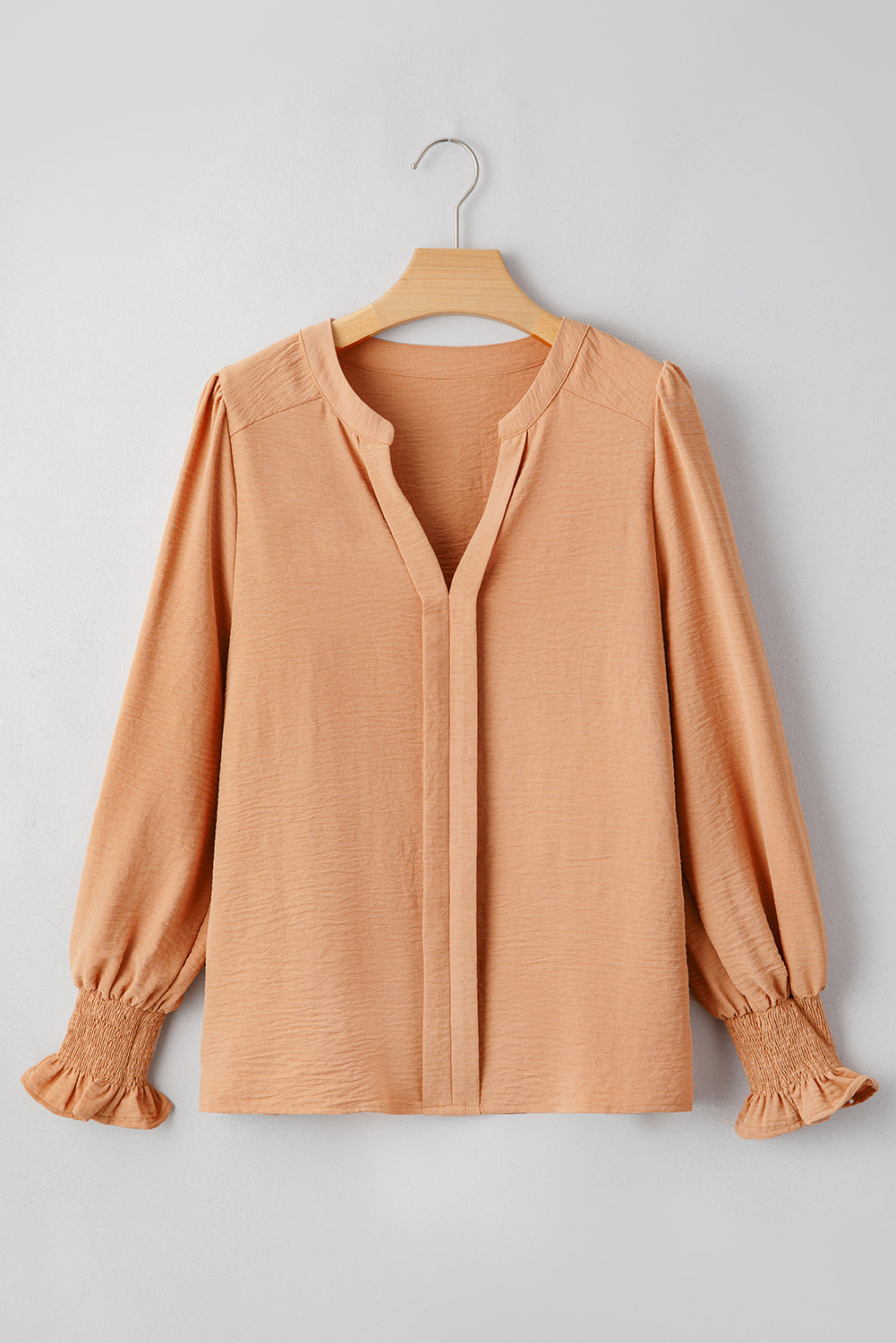 Solid Color Shirred Cuff Notch V Neck Blouse. GCollection