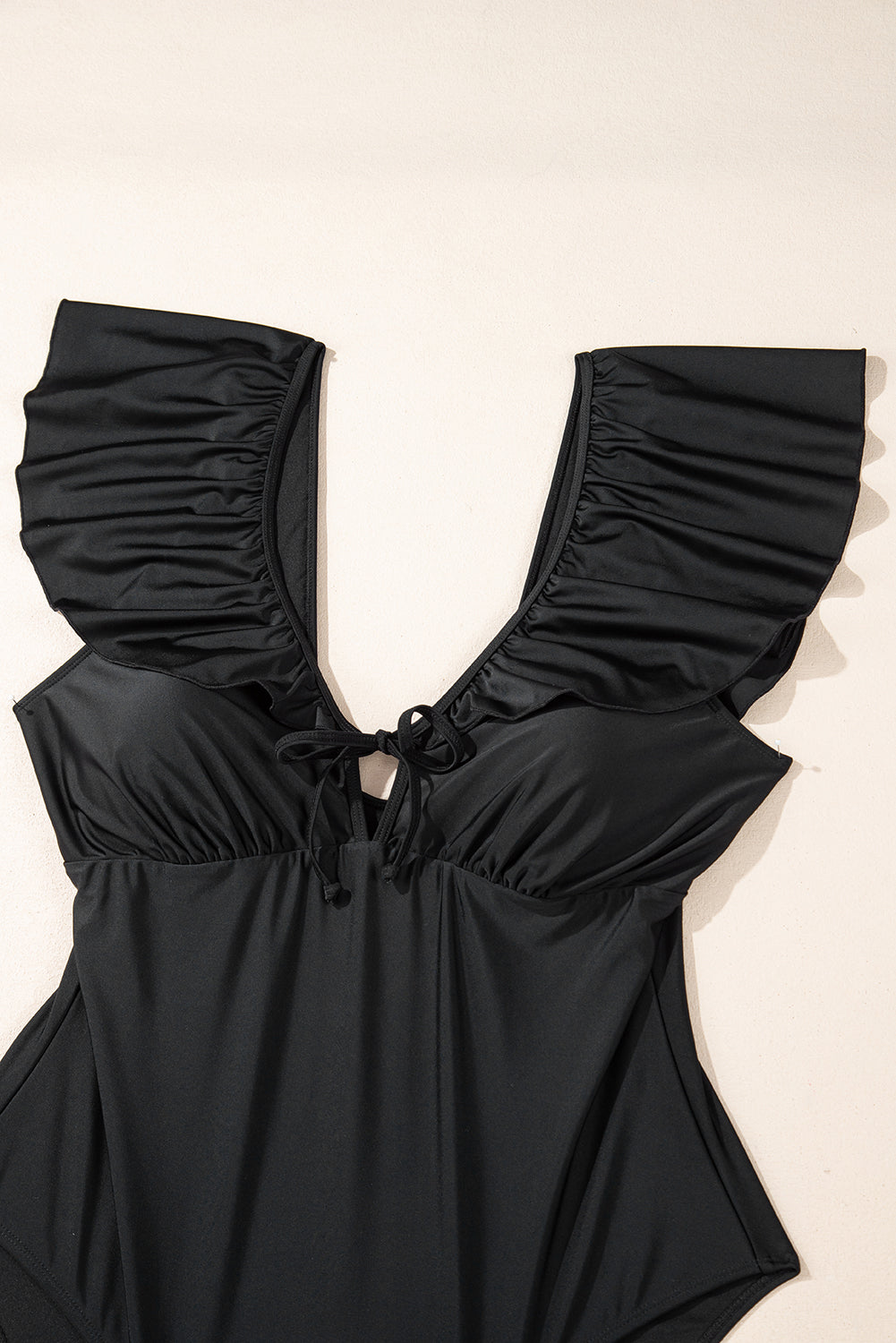 Black Ruffled Sleeve Plus Size One Piece Swimsuit. PSCollection