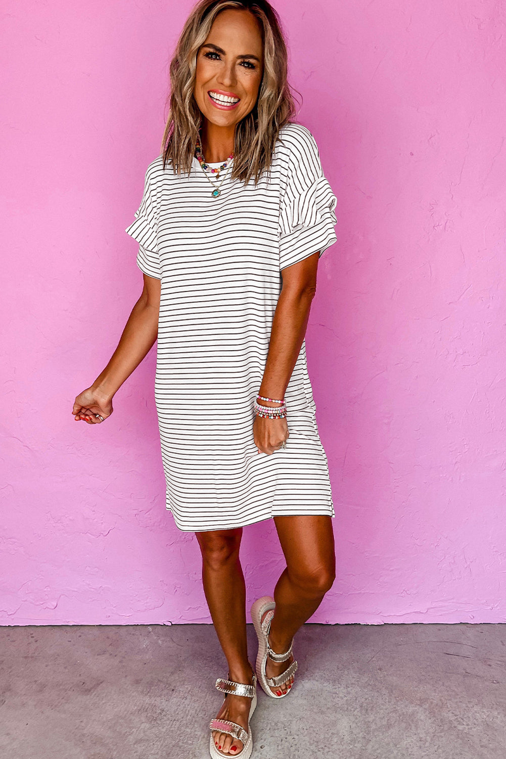 White Stripe Crew Neck T Shirt Shift Dress. GCollection
