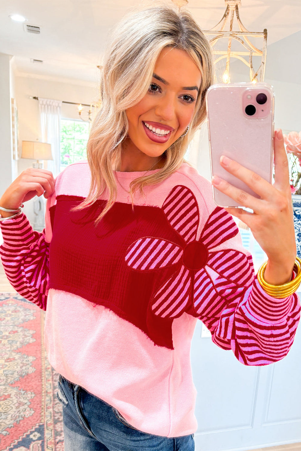 Pink Floral Patch Color Block Striped Sleeve Textured Top. GCollection