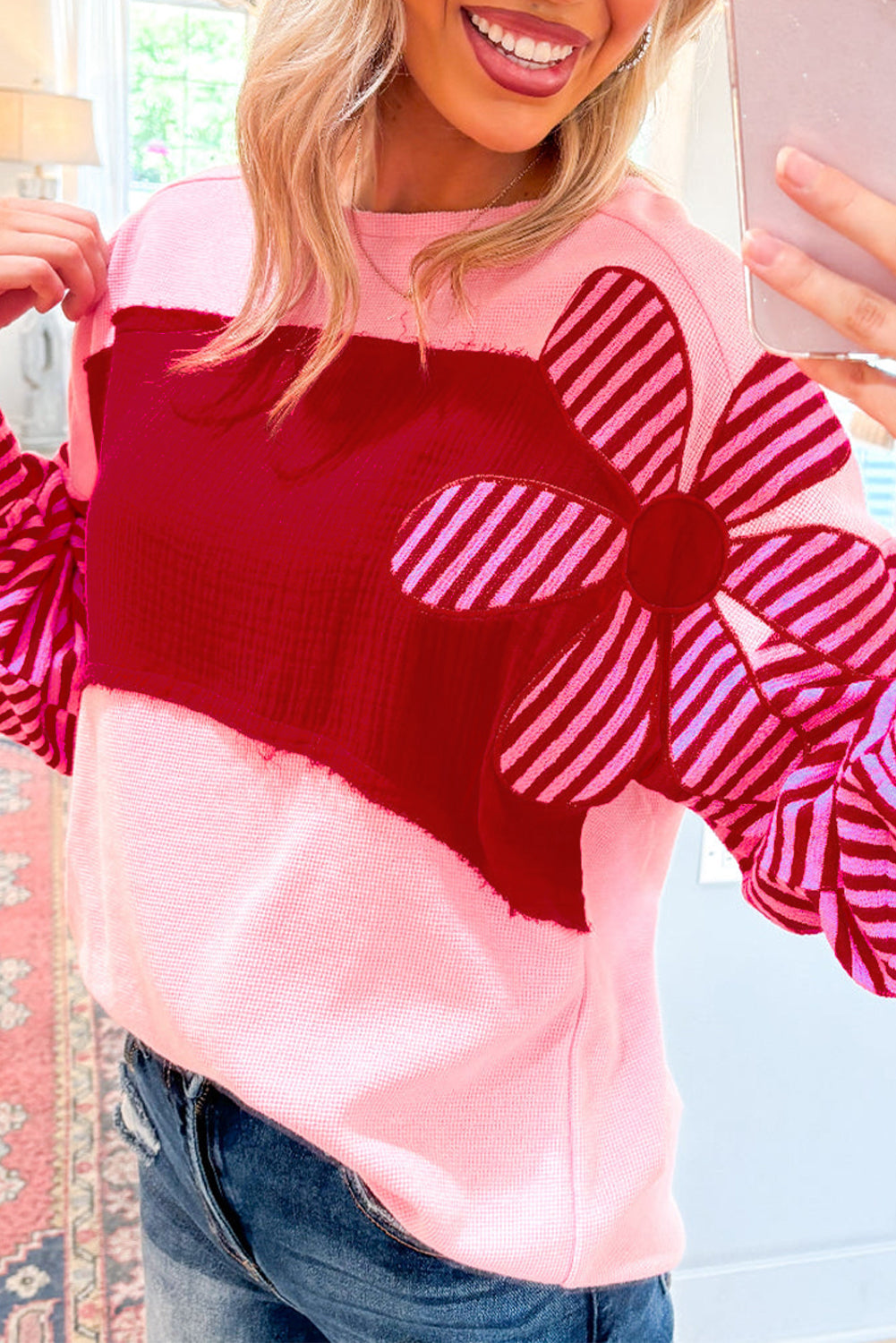 Pink Floral Patch Color Block Striped Sleeve Textured Top. GCollection