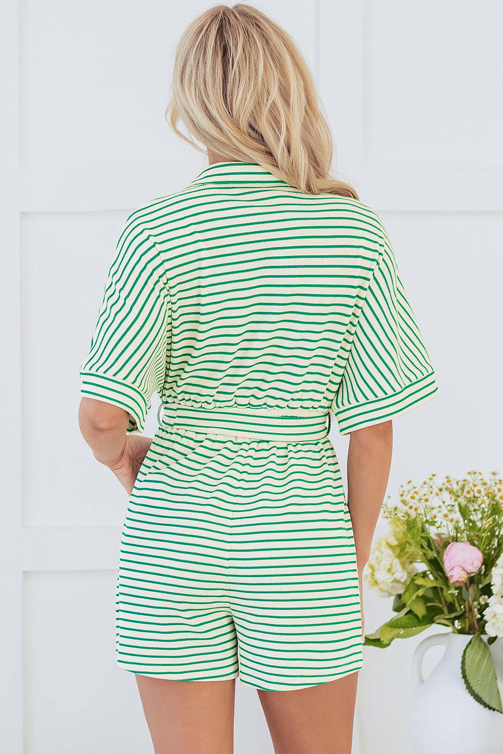 Green Stripe Textured Romper. GCollection