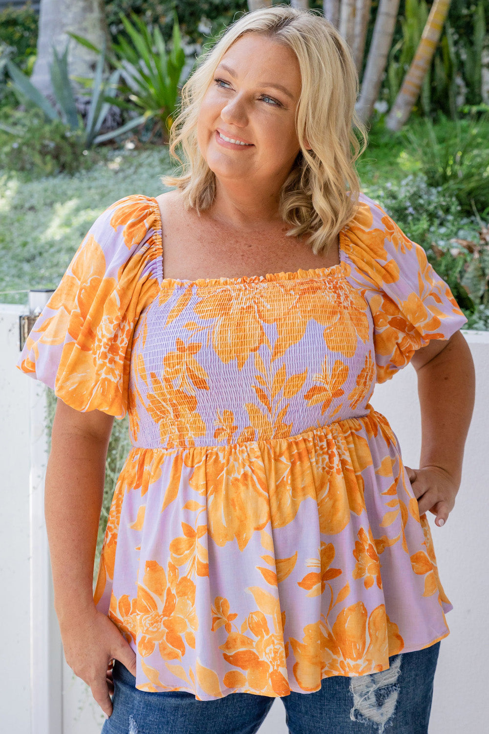 Floral Puff Sleeve Smocked Plus Size Babydoll Blouse. PSCollection