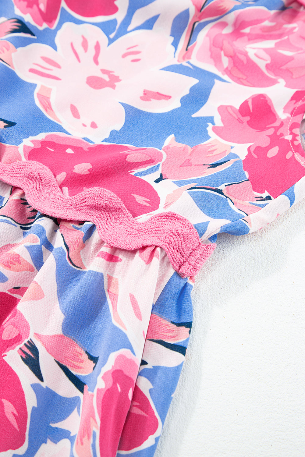 Pink Floral Printed V Notched Ric Rac Flutter Sleeve Dress. GCollection