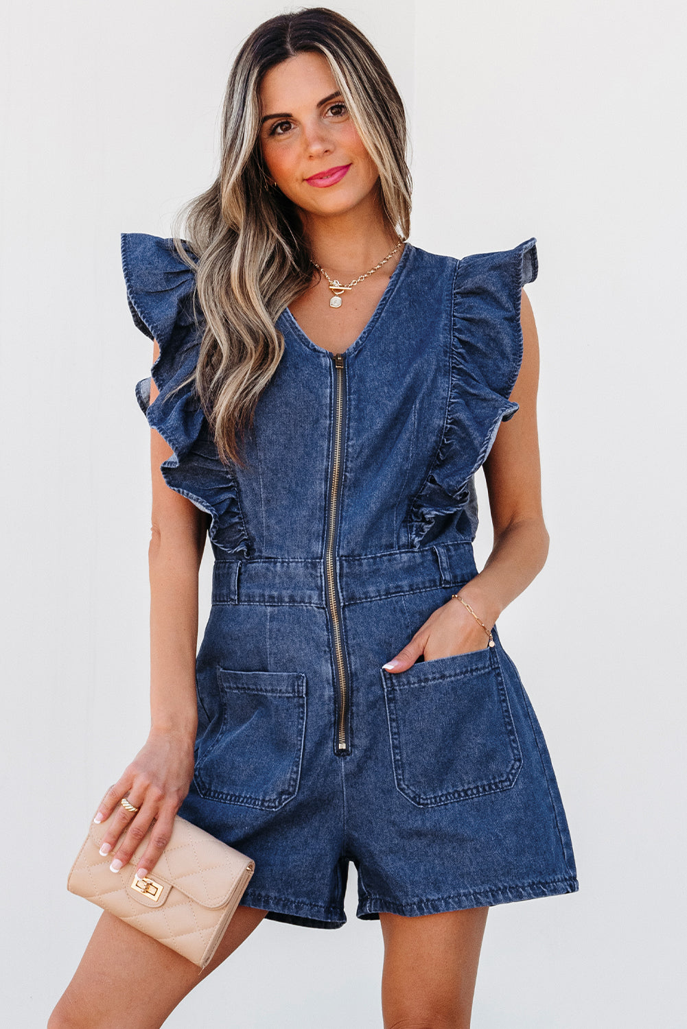 Sail Blue Denim Ruffled Zipped Front Belted Romper. GCollection