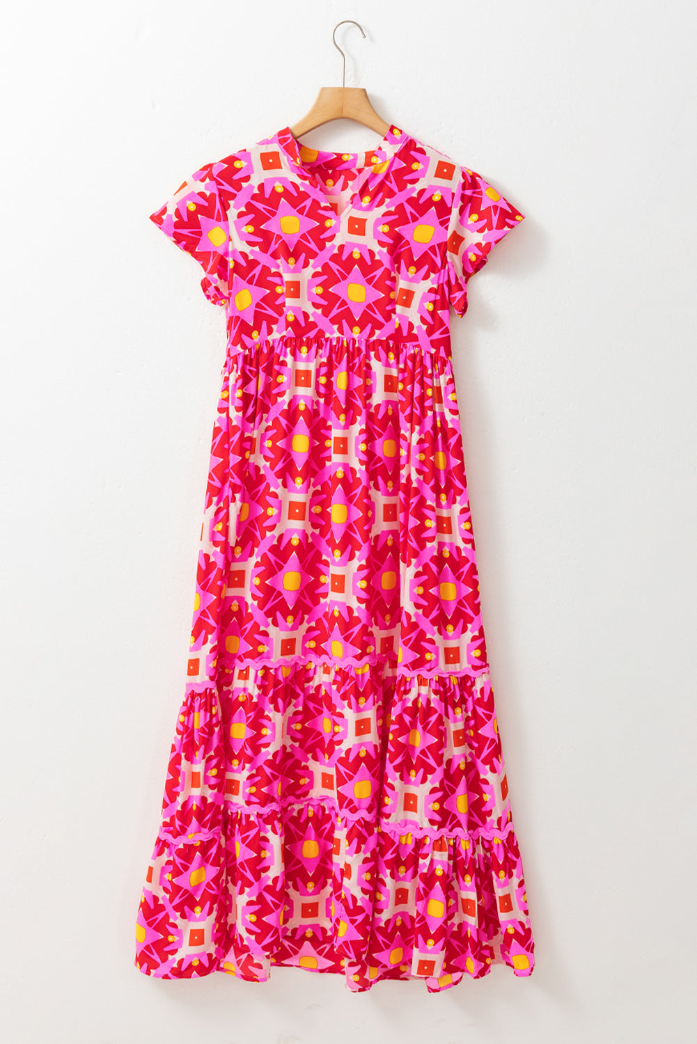 Strawberry Pink Geo Print V-neck Maxi Dress. GCollection
