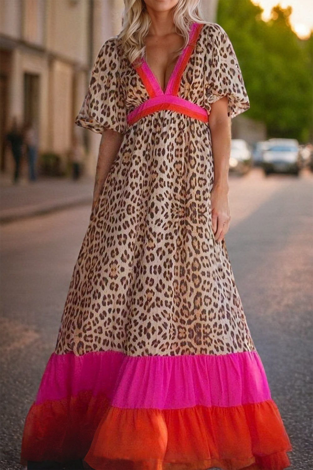 Bright Pink Leopard Colorblock Patchwork Bubble Sleeve Maxi Dress. GCollection