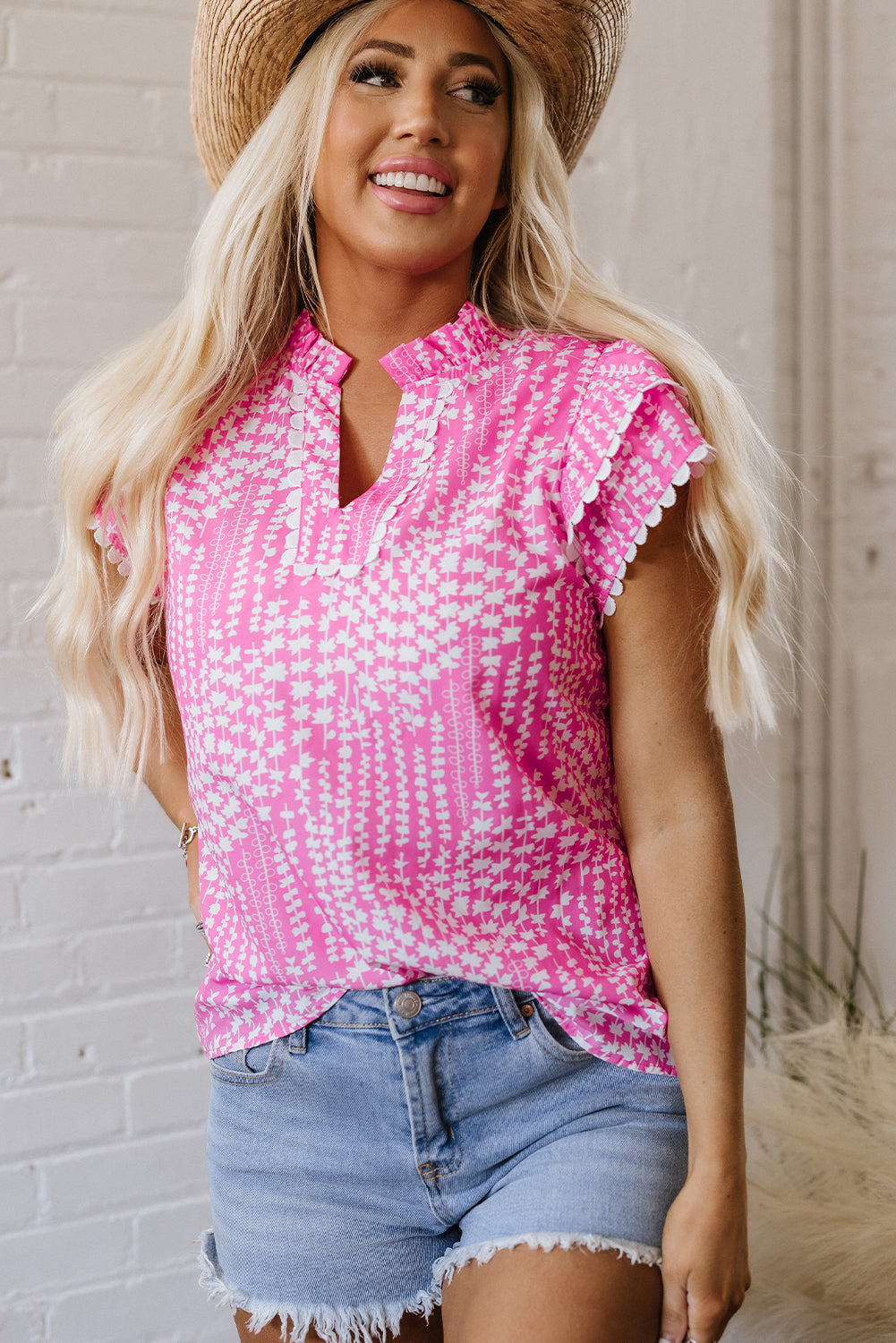 Pink Abstract Print Ric Rac Trim Blouse. GCollection