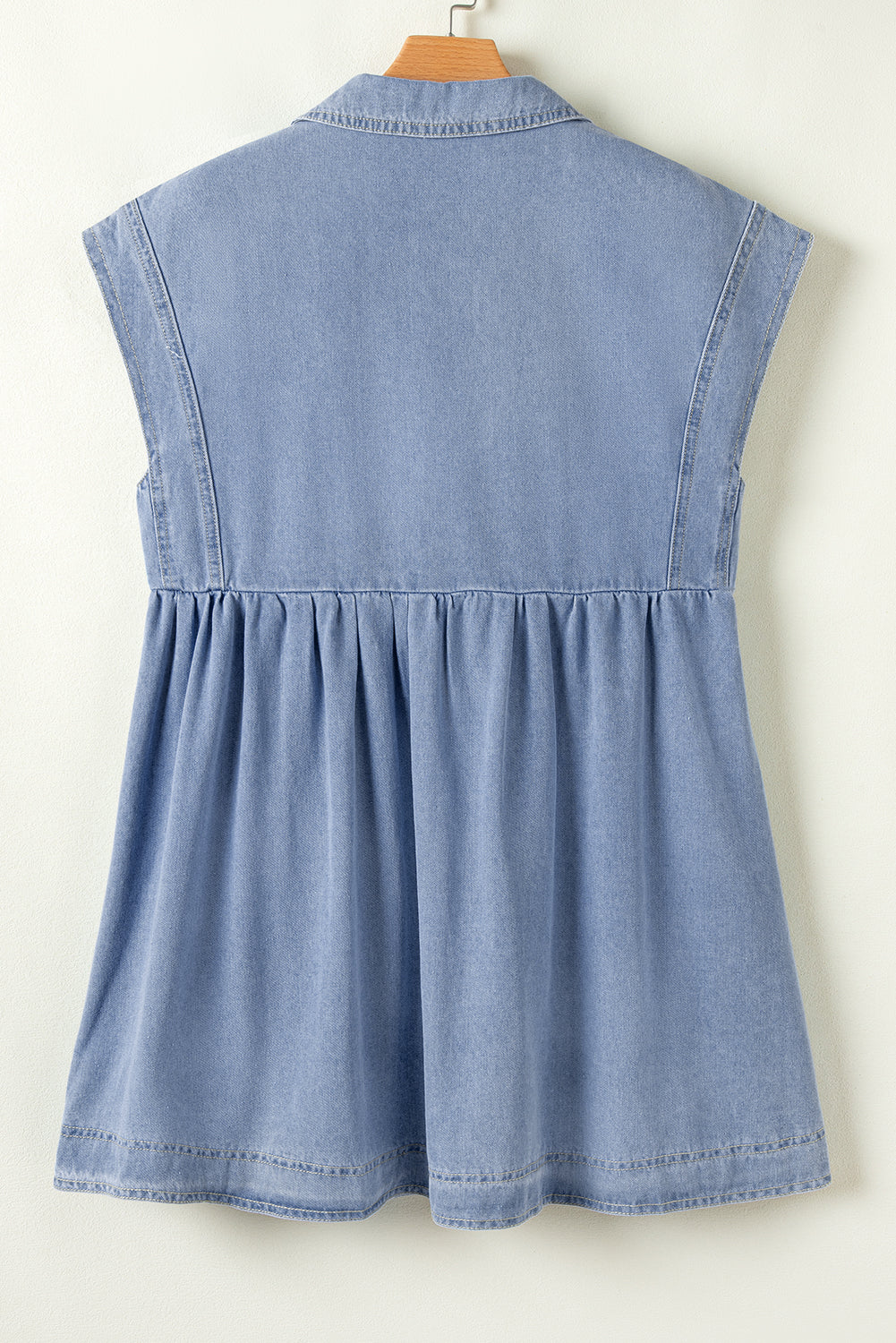 Blue Lapel Neck Cap Sleeve High Waist Denim Babydoll Dress. GCollection