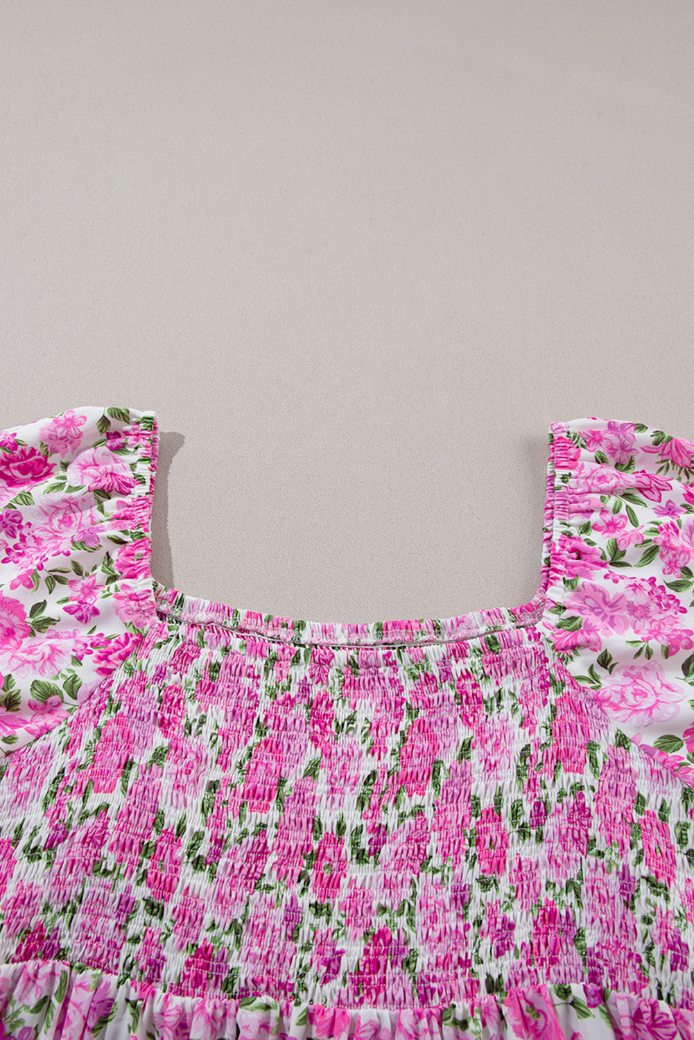 Pink Floral Print Smocked Puff Sleeve Dress. PSCollection