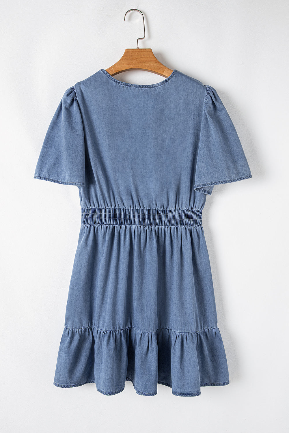 Blue Ruffled V Neck Smocked High Waist Denim Mini Dress. GCollection