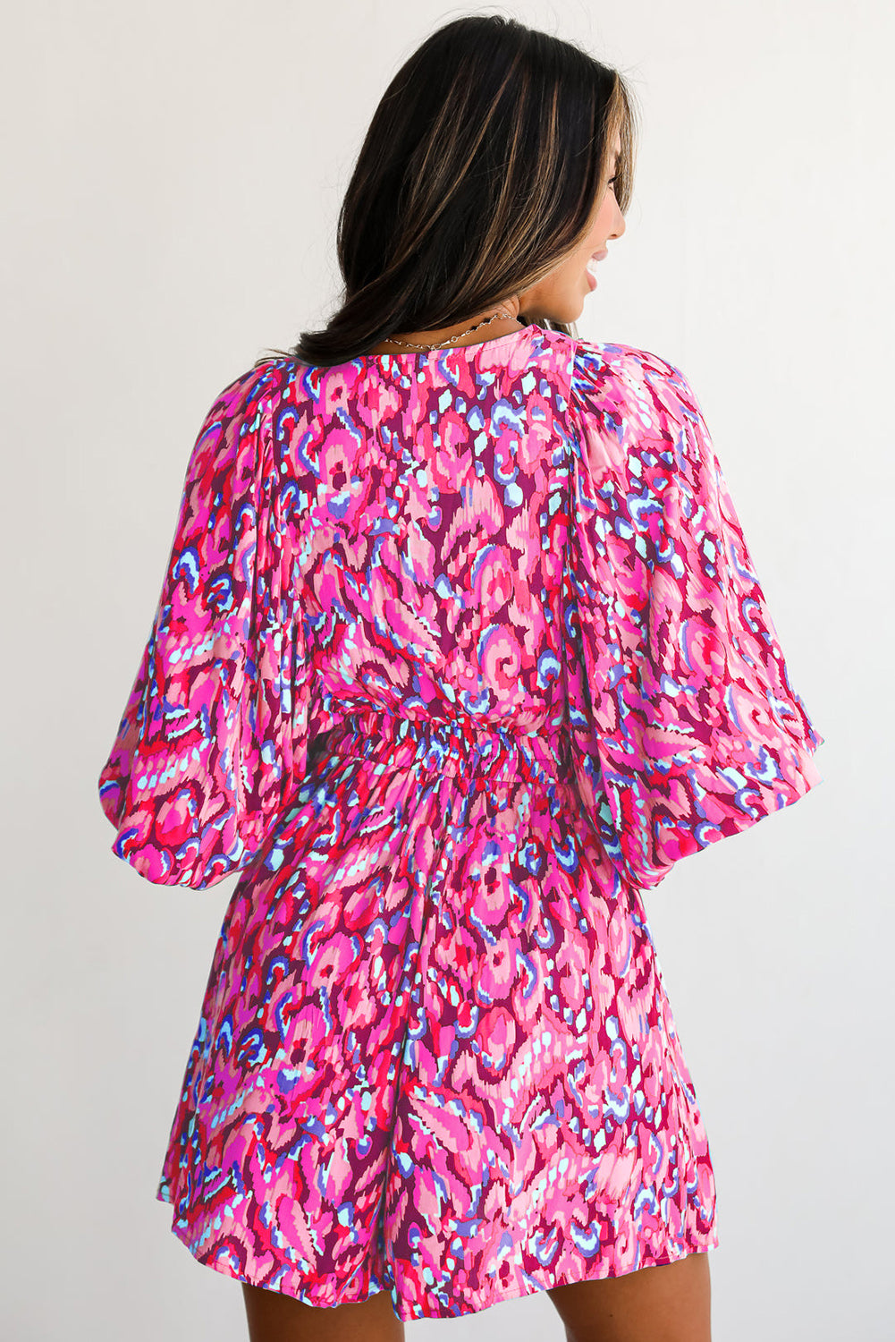 Pink Abstract Print Puff Sleeve Waist Romper. GCollection