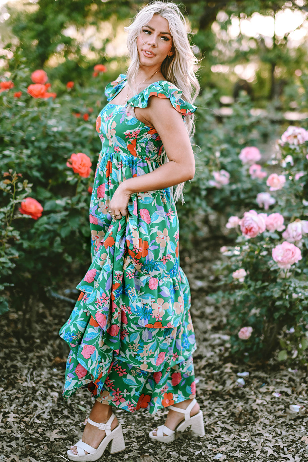 Green Floral Print Sleeveless Ruffle Tiered Maxi Dress. GCollection