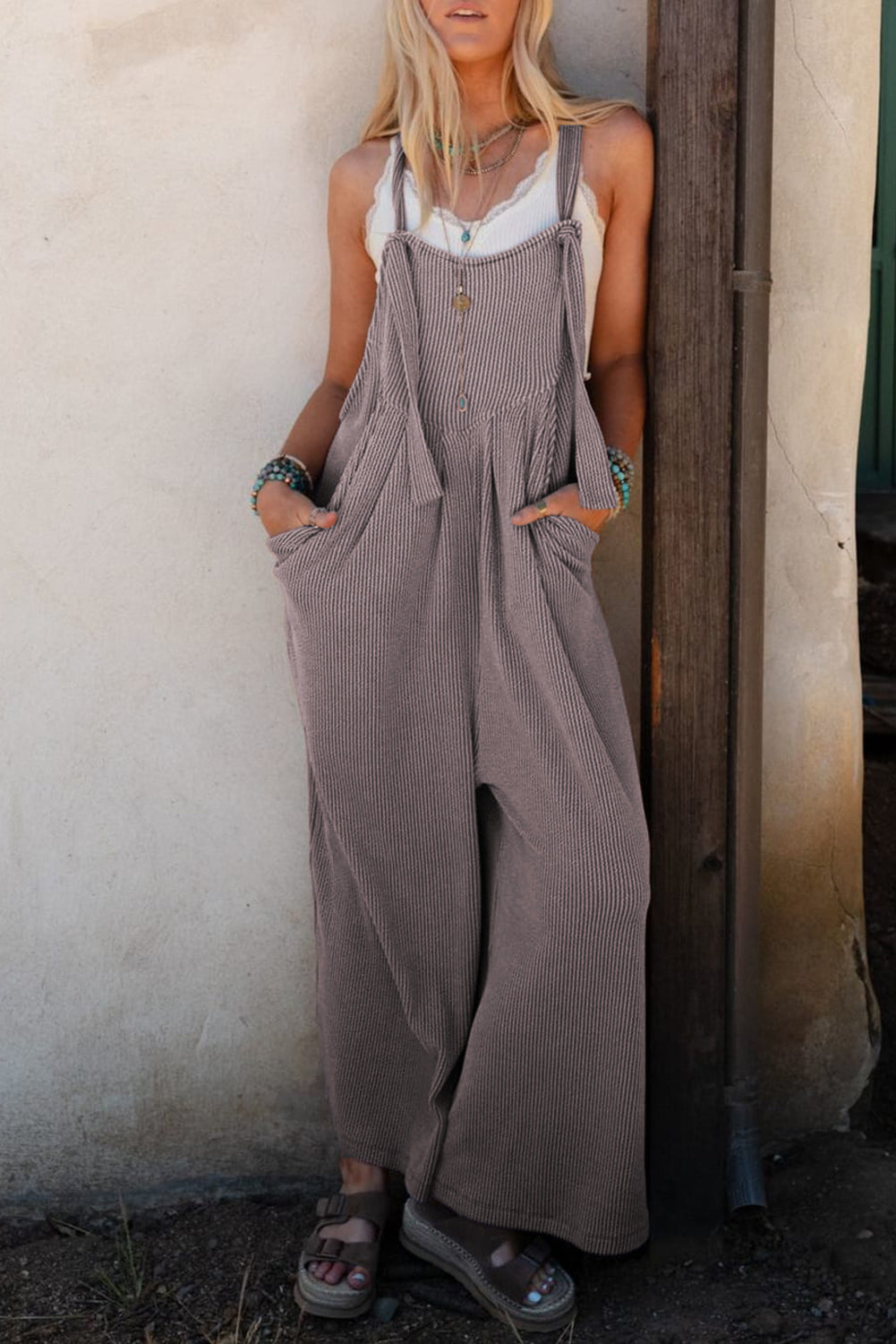 Gray Corded Adjustable Straps Wide Leg Loose Overall. GCollection