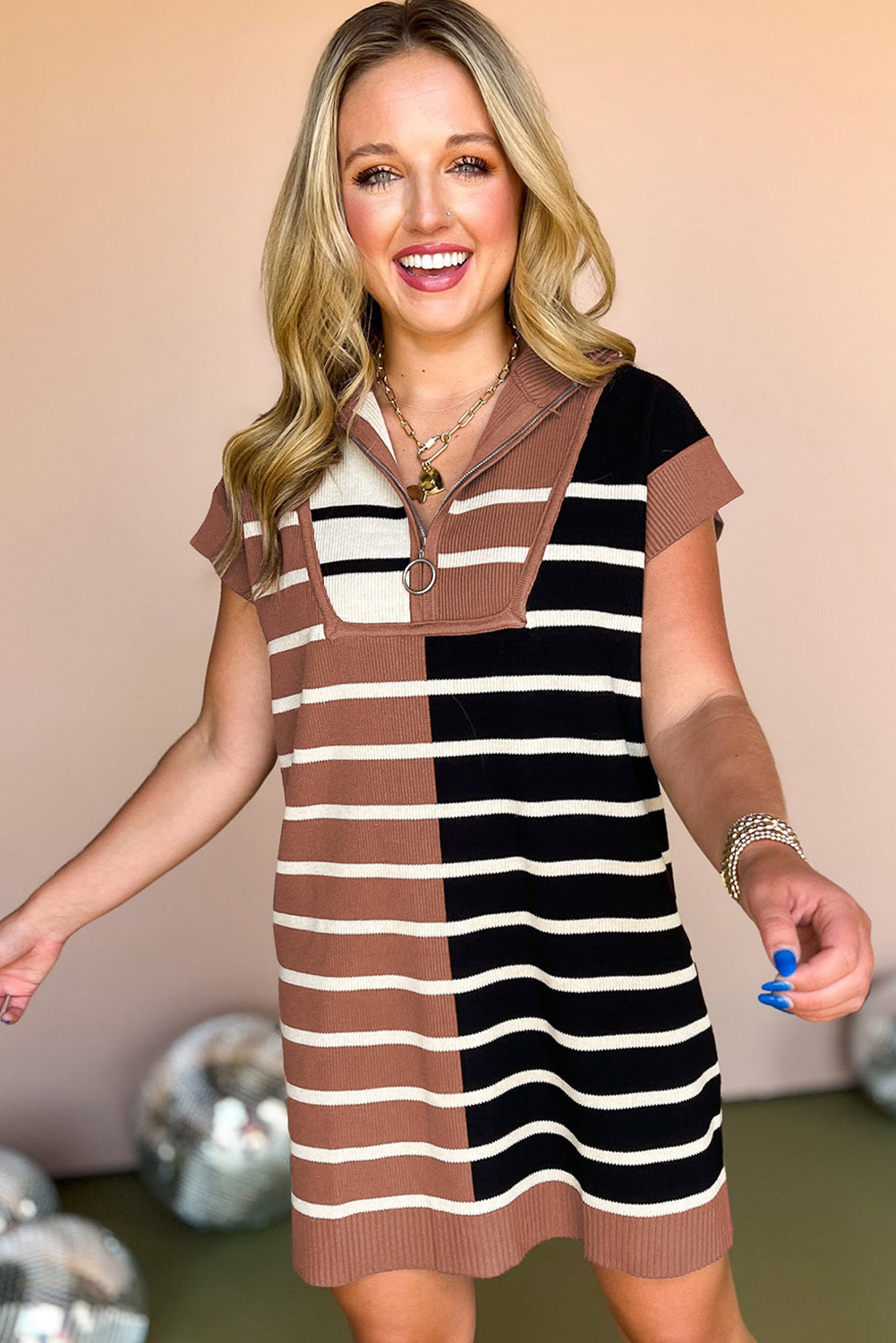Black Stripe Color Block Sweater Dress. GCollection