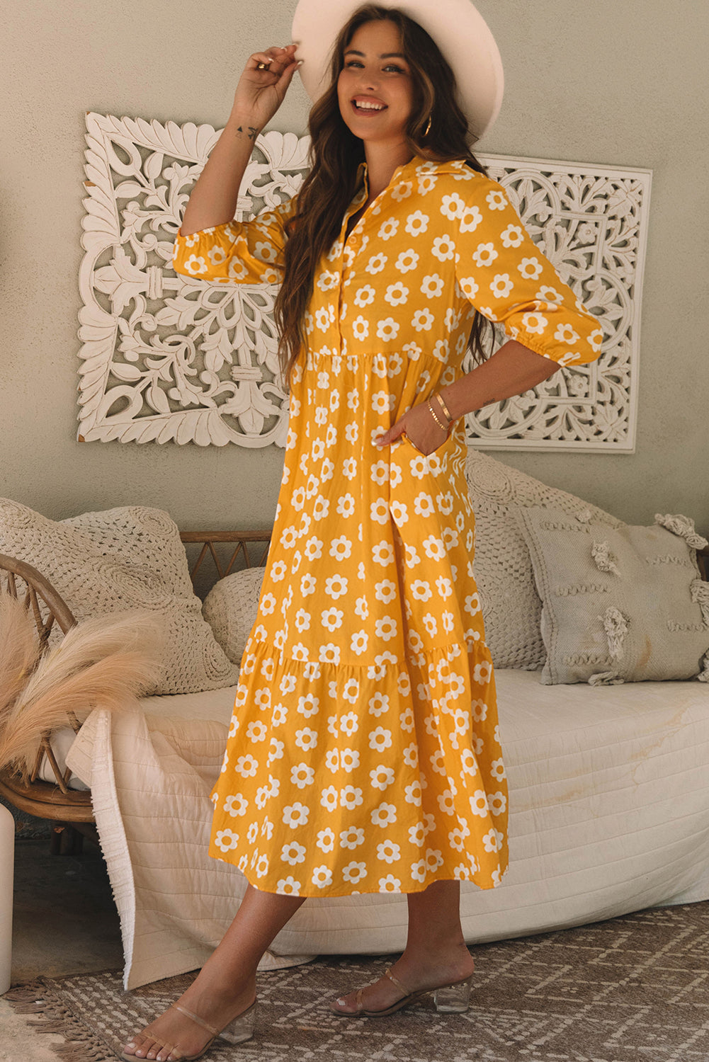 Yellow Flower Print Maxi Dress. GCollection