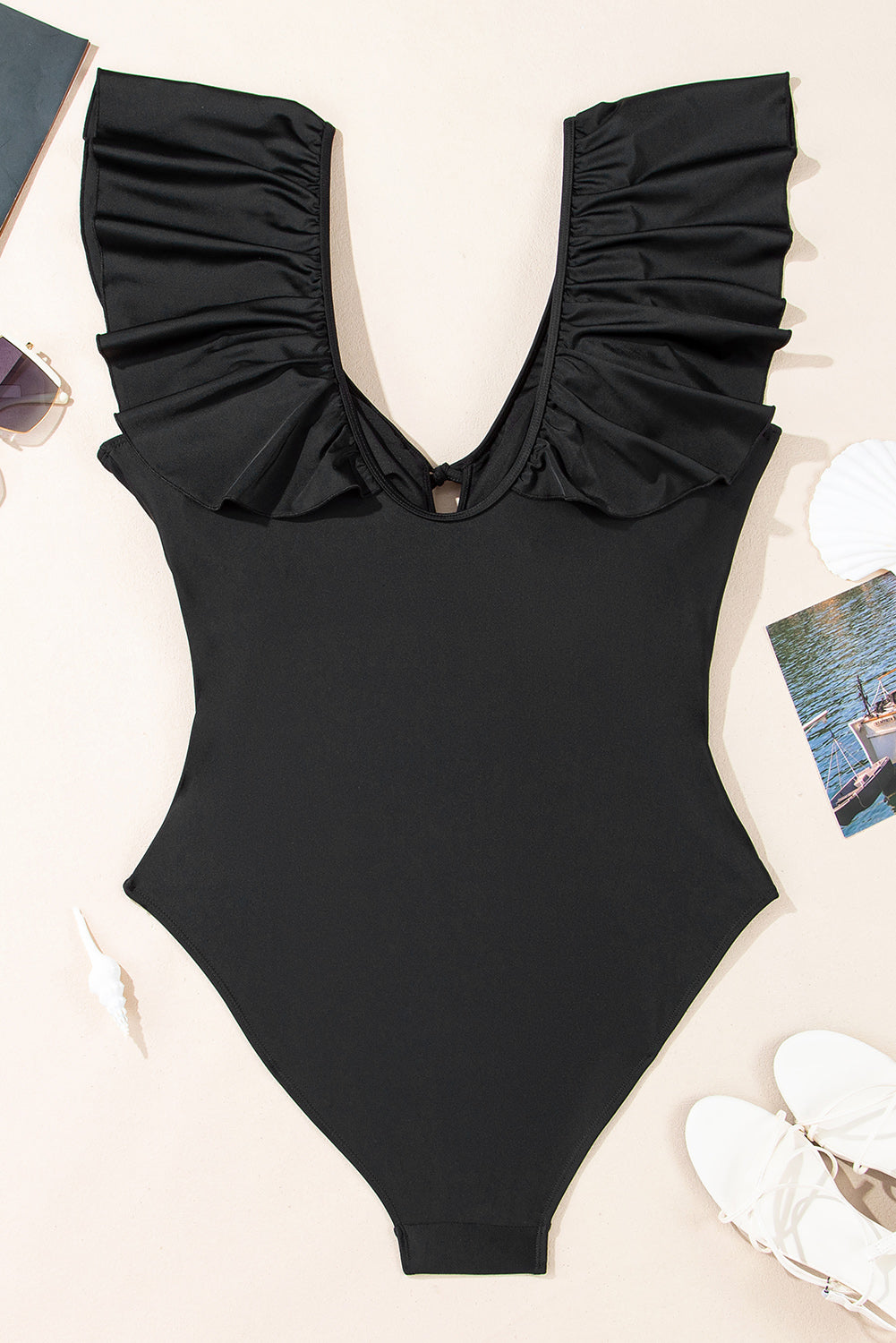 Black Ruffled Sleeve Plus Size One Piece Swimsuit. PSCollection