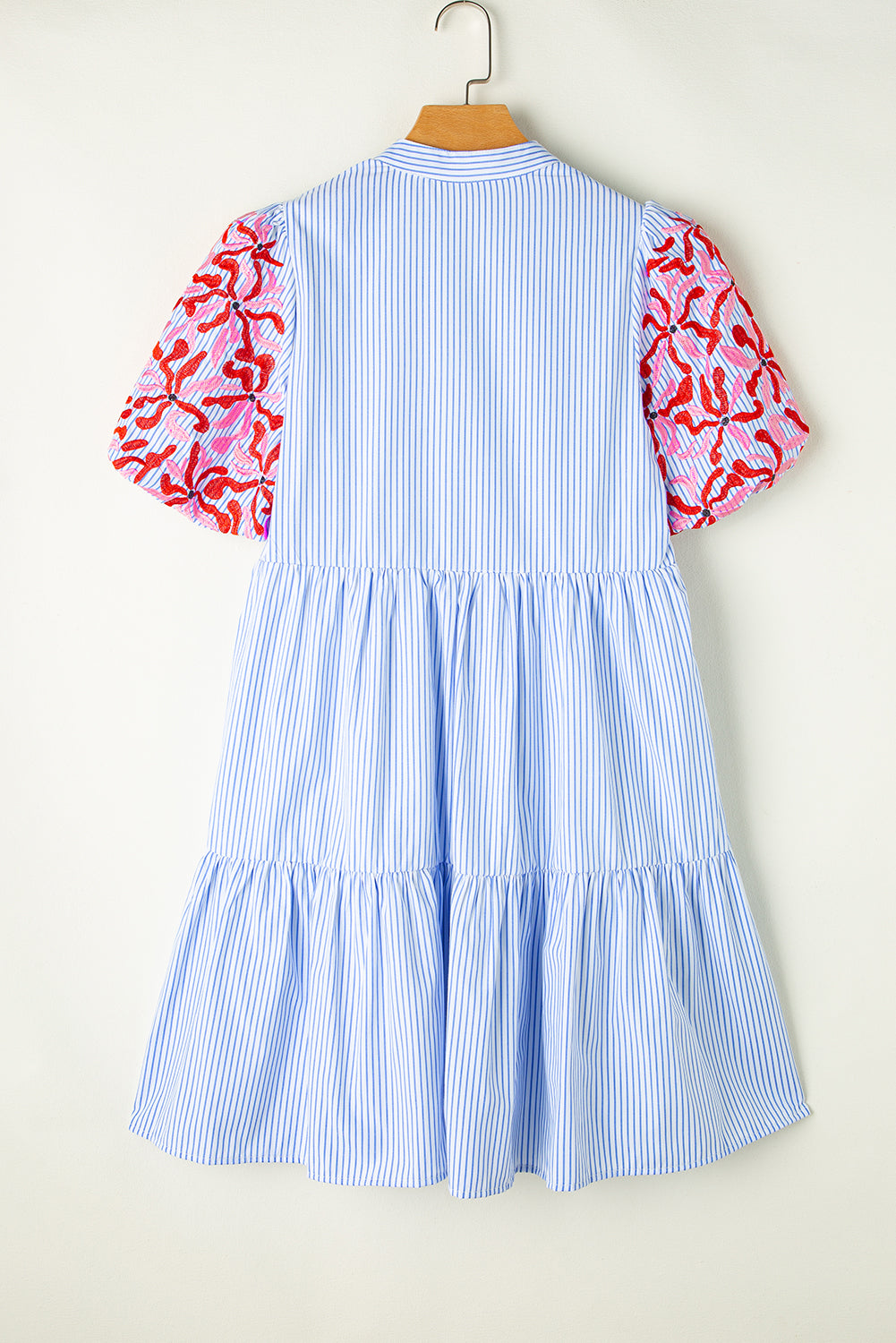 Sky Blue Stripe Contrast Floral Puff Sleeve Tiered Ruffle Dress. GCollection