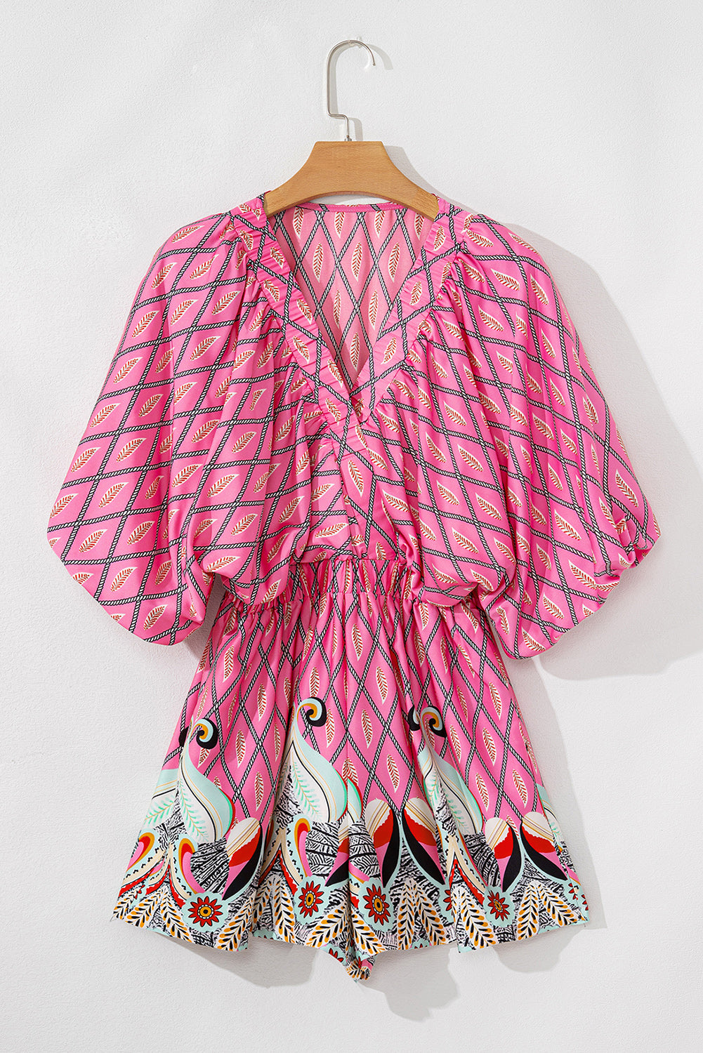 Pink Paisley Geometric Print V Neck High Waist Romper. GCollection