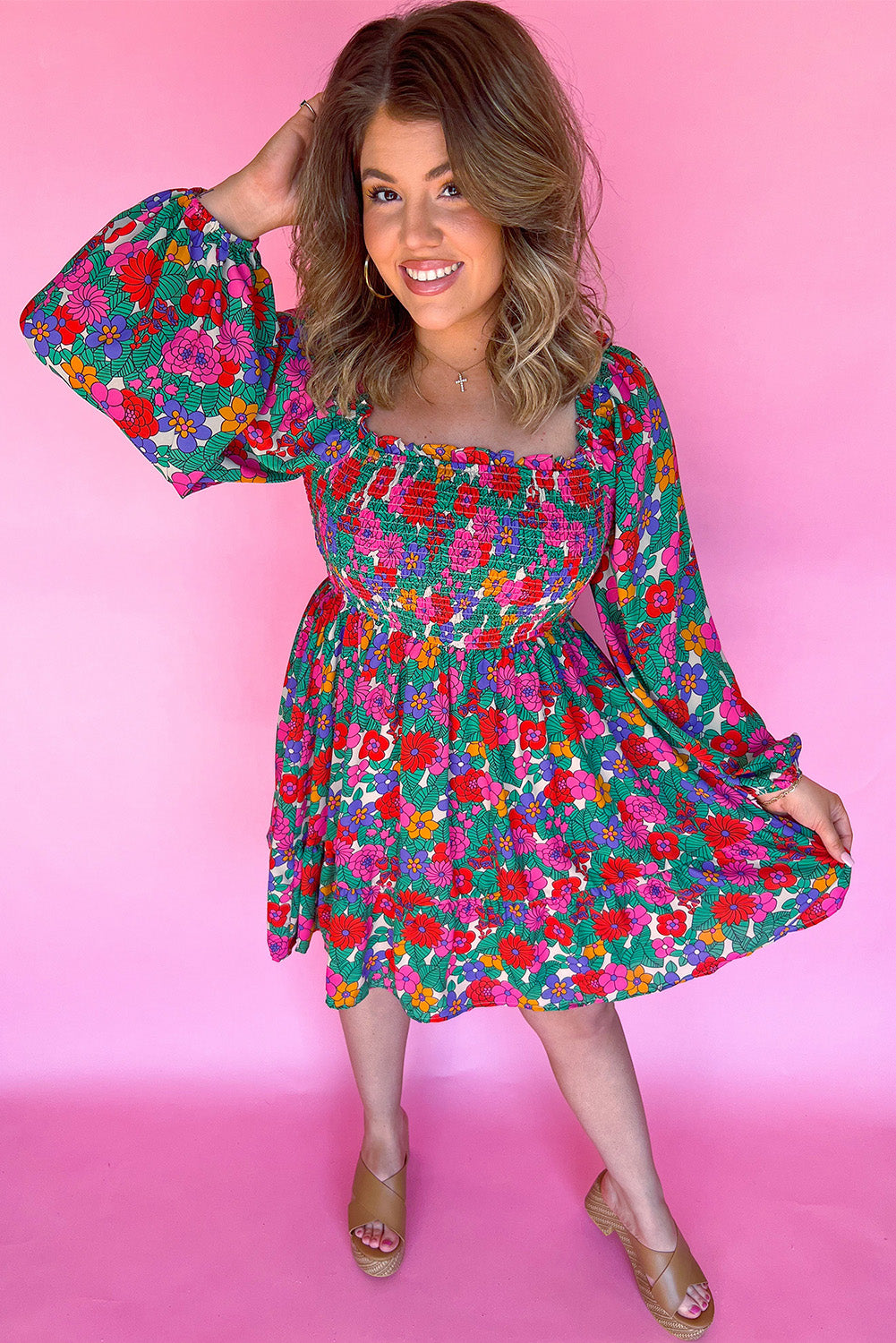 Floral Frilled Square Neck Shirred Long Sleeve Dress. PSCollection