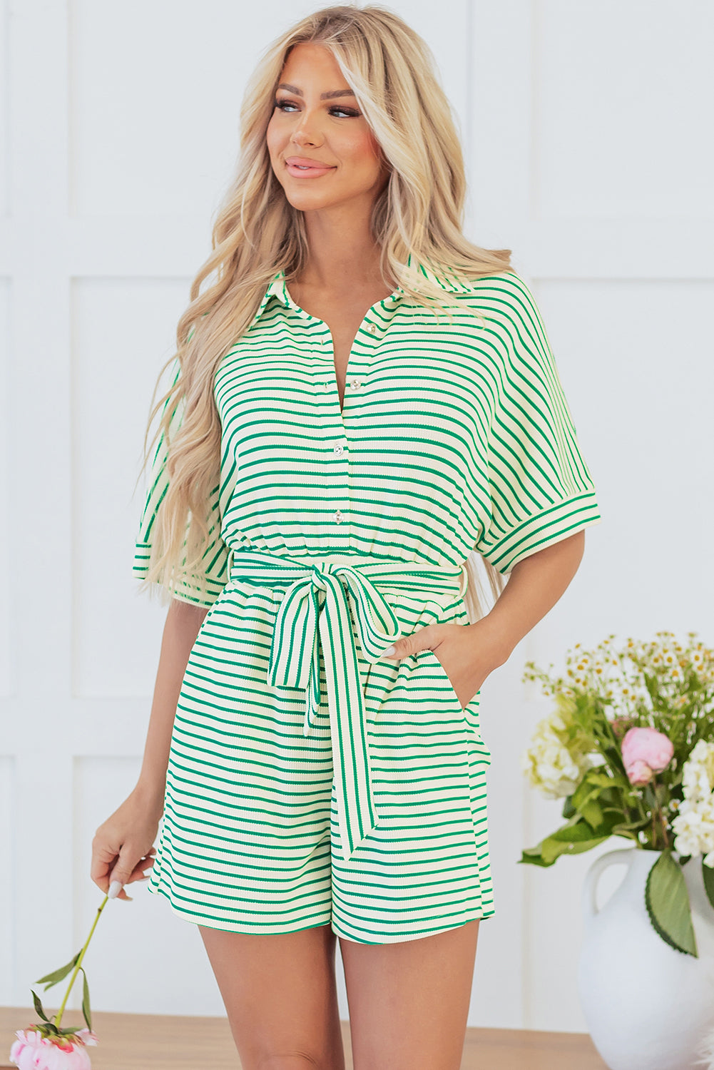 Green Stripe Textured Romper. GCollection