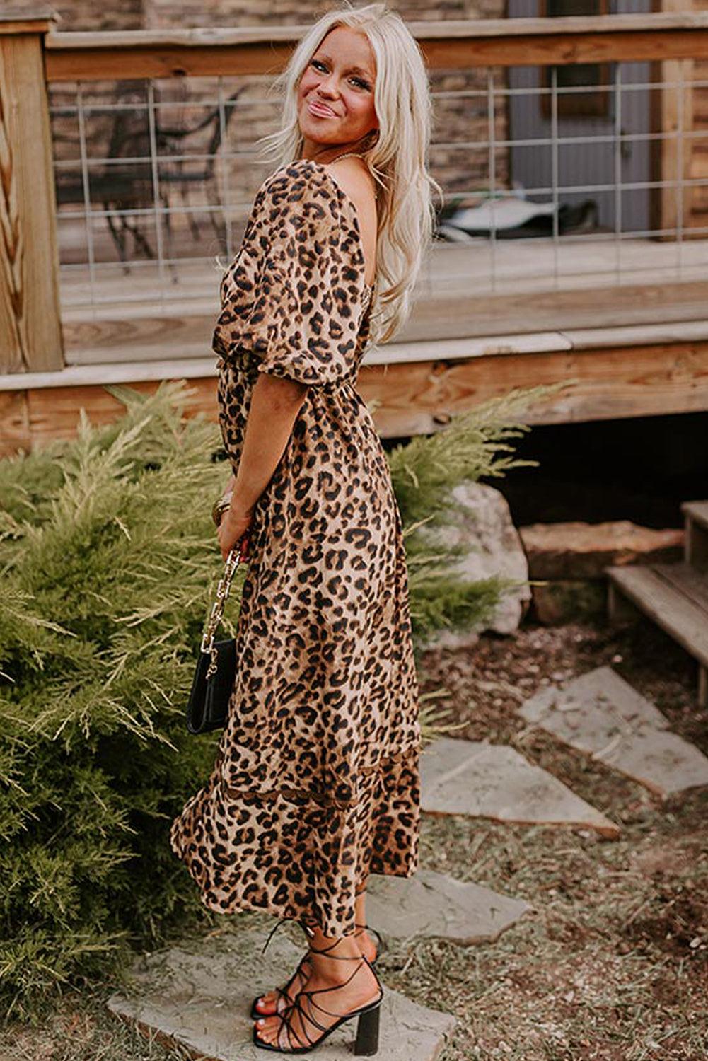 Brown Leopard Print Bubble Sleeve Maxi Dress. GCollection