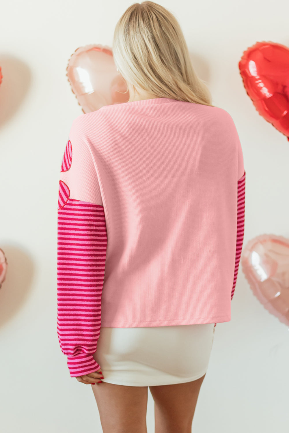 Pink Floral Patch Color Block Striped Sleeve Textured Top. GCollection