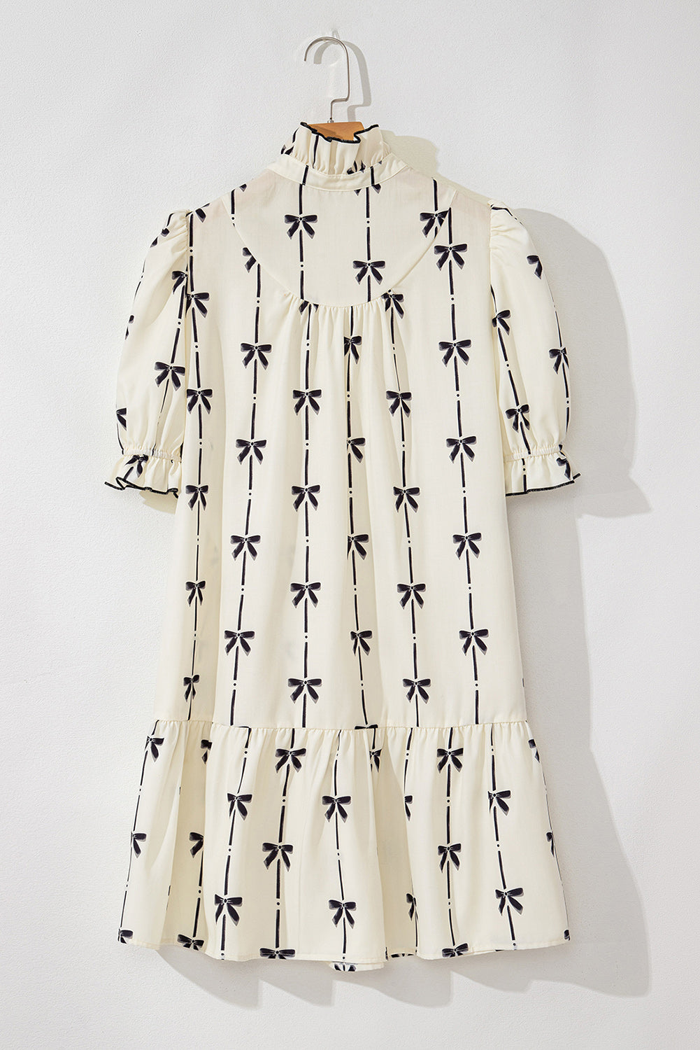 Beige Cute Bowknot Printed Bubble Sleeve V Neck Mini Dress. GCollection