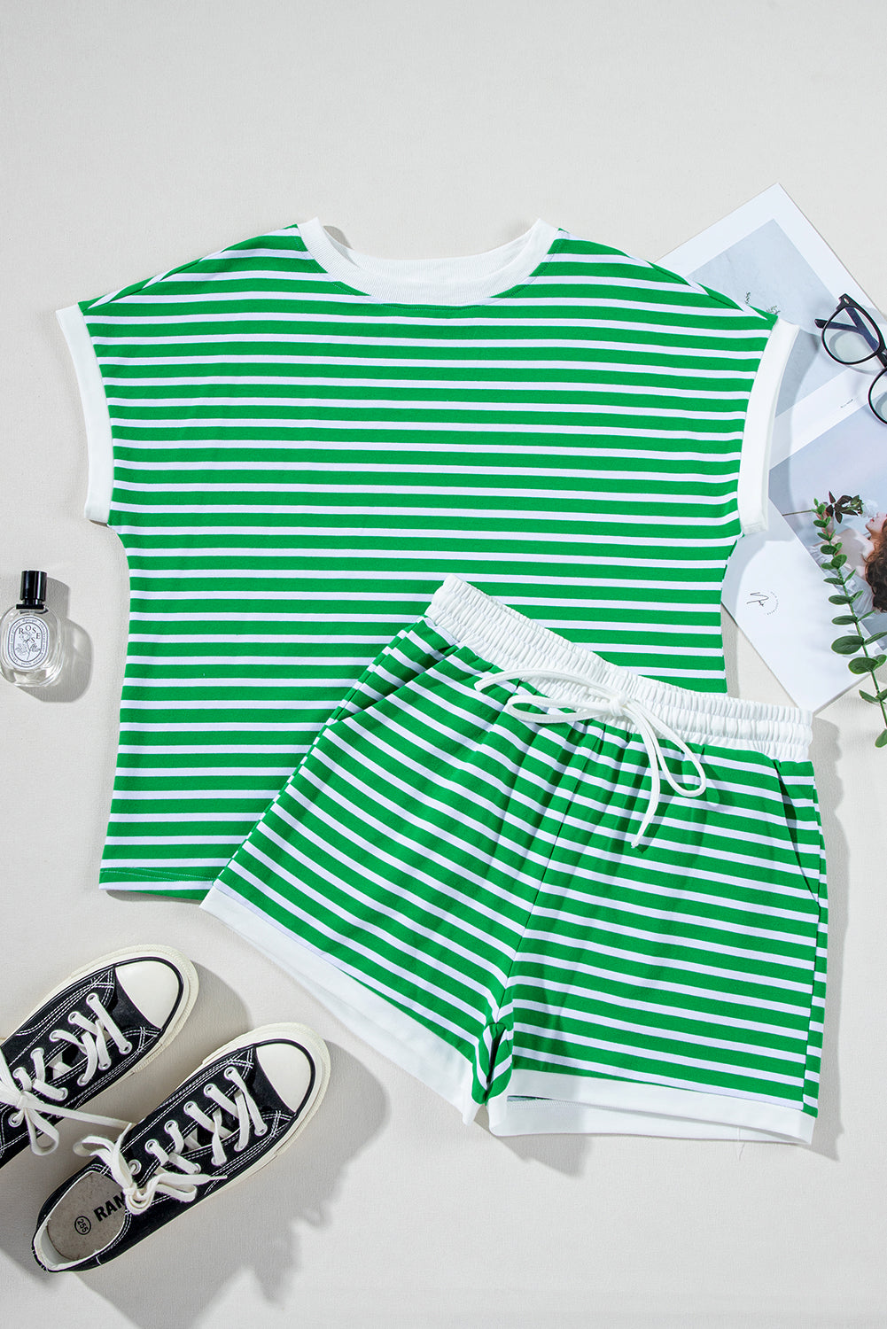 Dark Green Striped Cap Sleeve Tee and Shorts Set. GCollection
