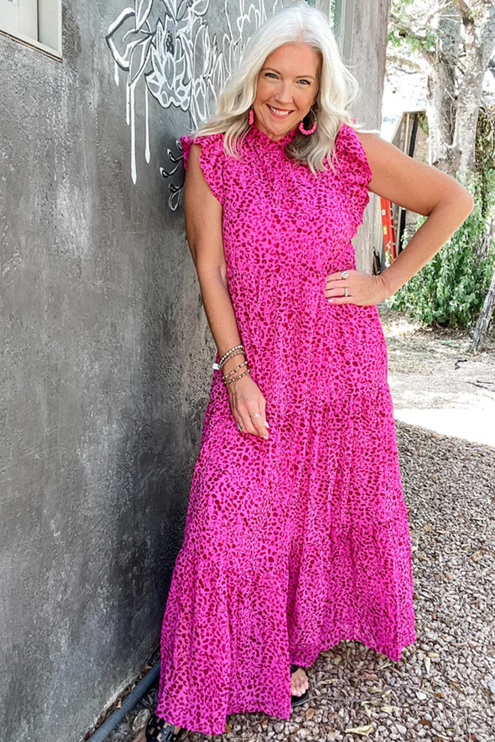 Rose Red Leopard Print Ruffled Trim Tiered Maxi Dress. GCollection