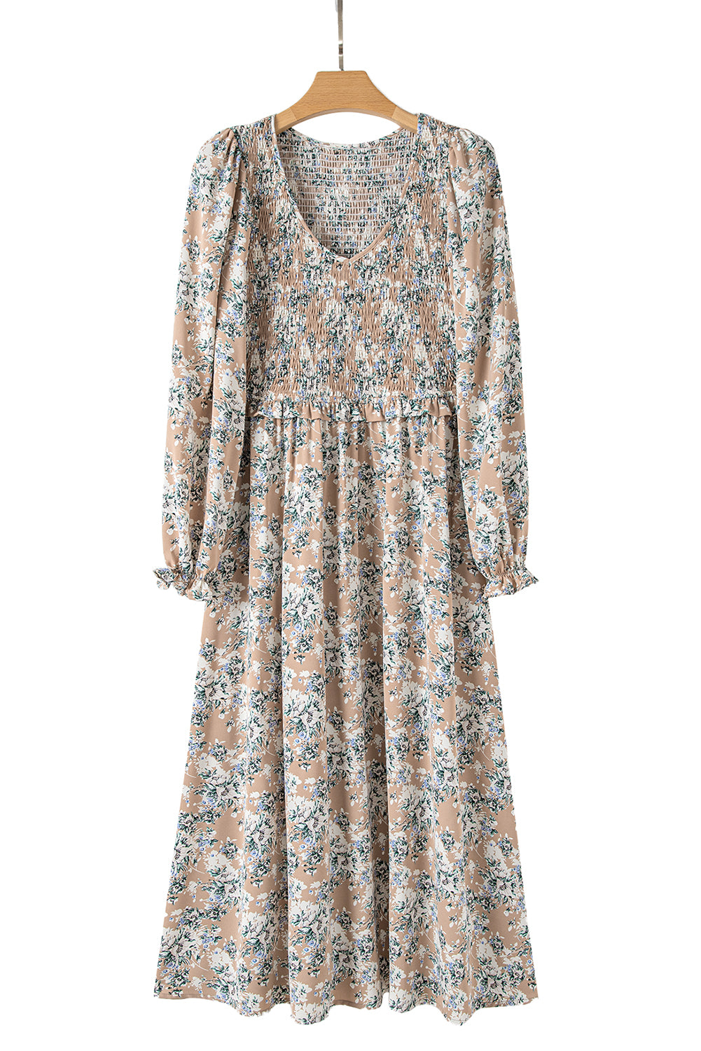 Khaki Maple Grove Floral Smocked Puff Sleeve Long Dress. GCollection