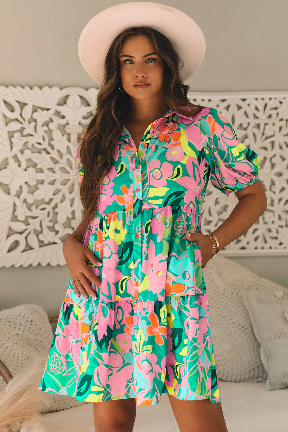 Green Floral Puff Sleeve Collar Buttoned Babydoll Dress. GCollection