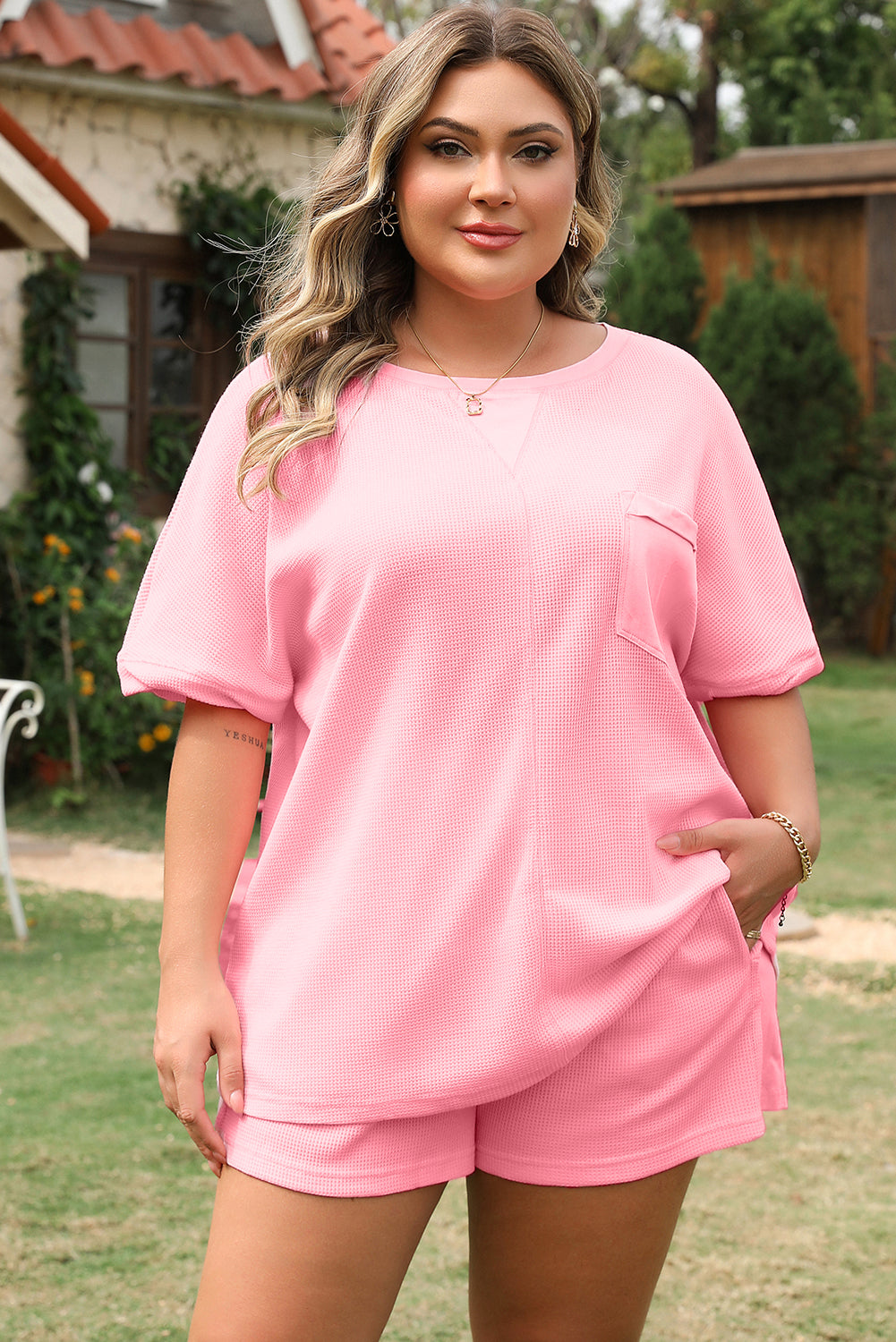 Pink Ribbed Exposed Seam Tee and Shorts Set. PSCollection