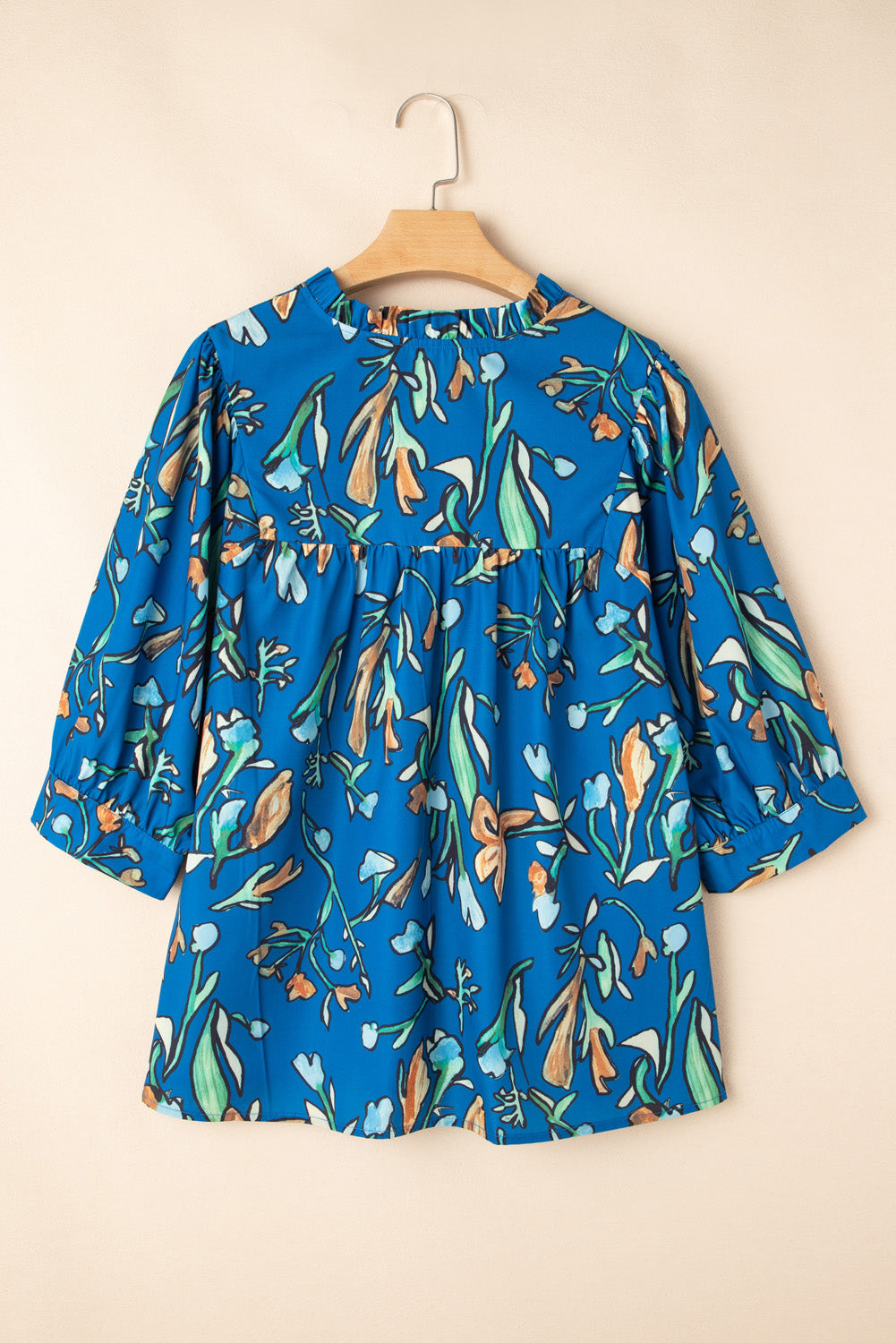 Blue Floral Notched V Neck Half Sleeve Plus Size Blouse. PSCollection