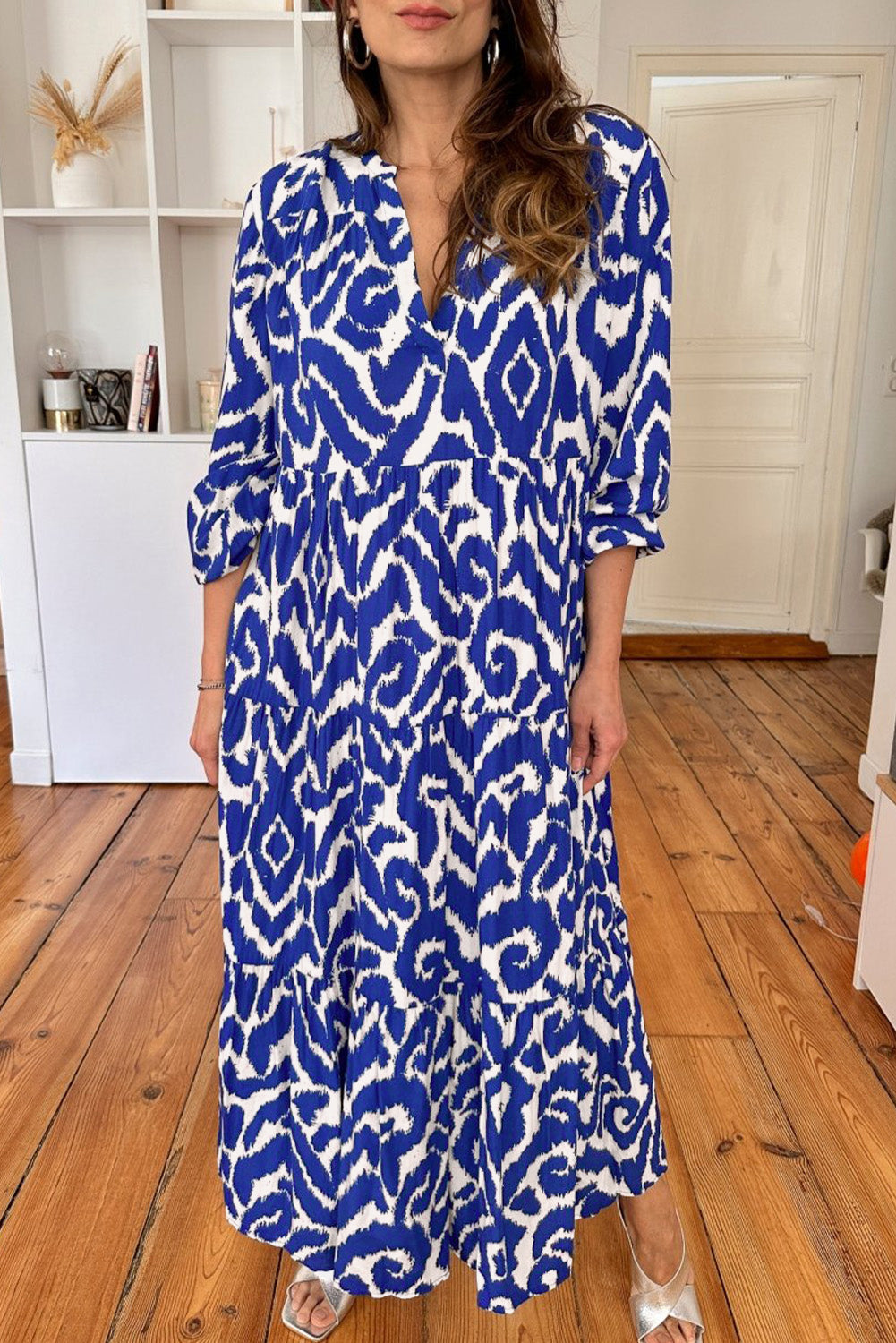 Blue Western Abstract Geometric Printed Maxi Dress. GCollection