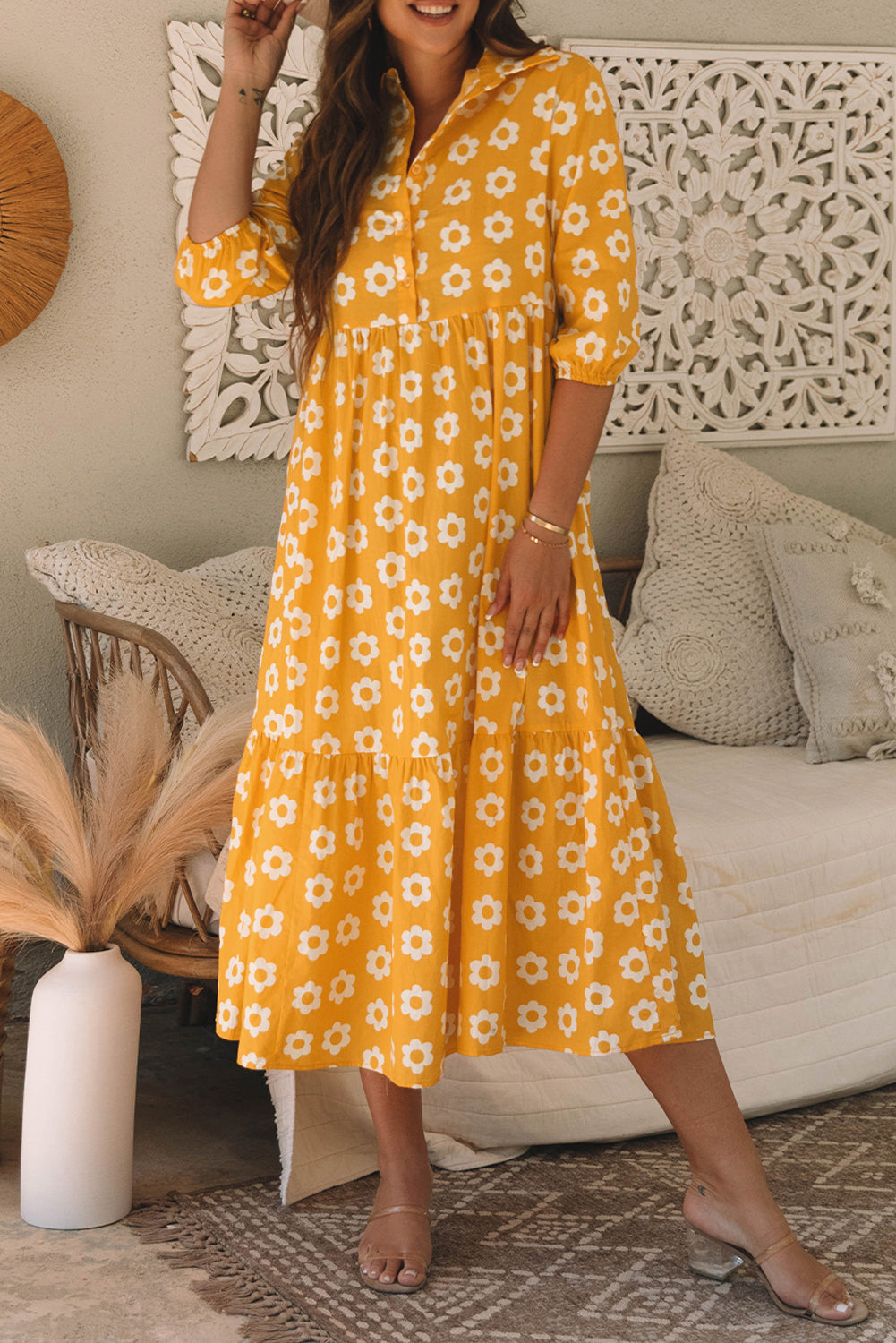 Yellow Flower Print Maxi Dress. GCollection