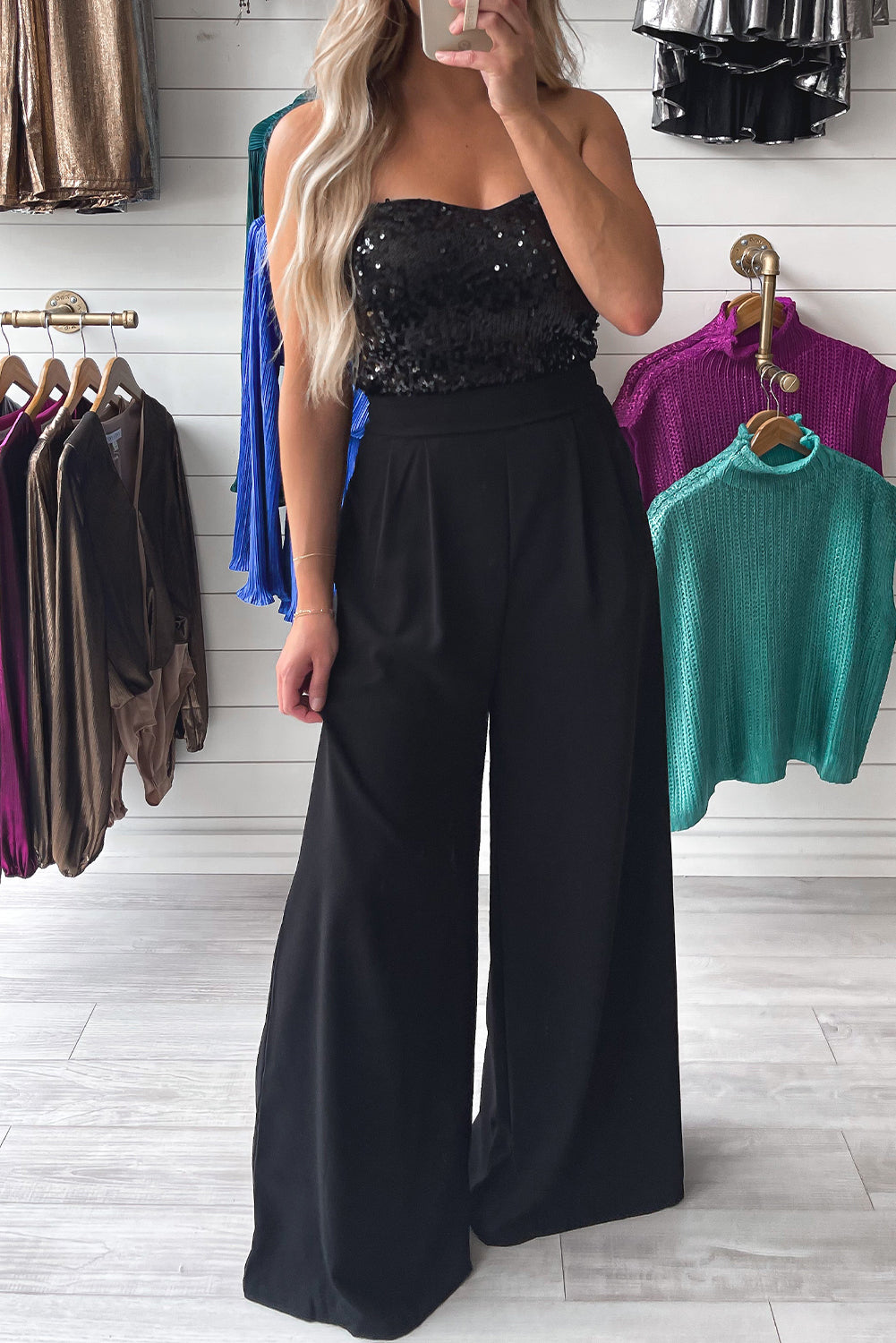Black Sequin Wide Leg Jumpsuit. GCollection