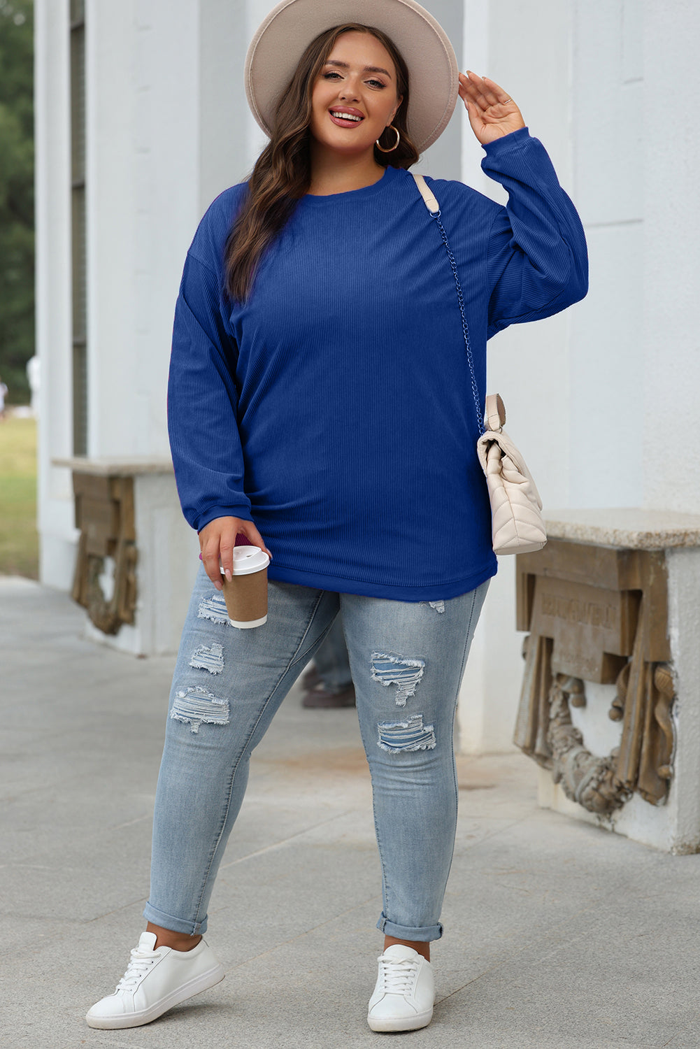 Dark Blue Ribbed Corduroy Oversized Sweatshirt. GCollection. PSCollection