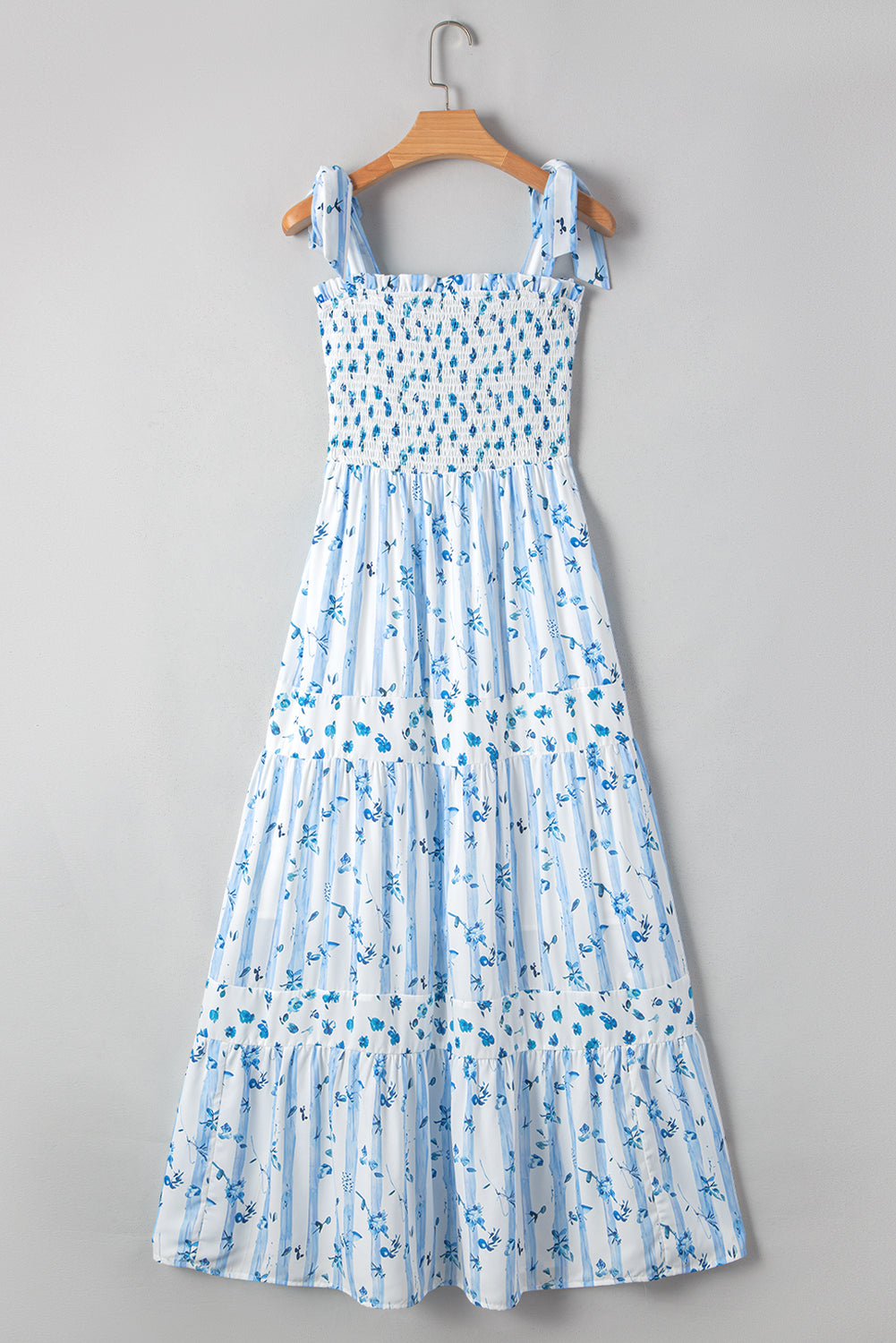 Sky Blue Floral Smocked Tied Straps A-Lined Maxi Dress. GCollection