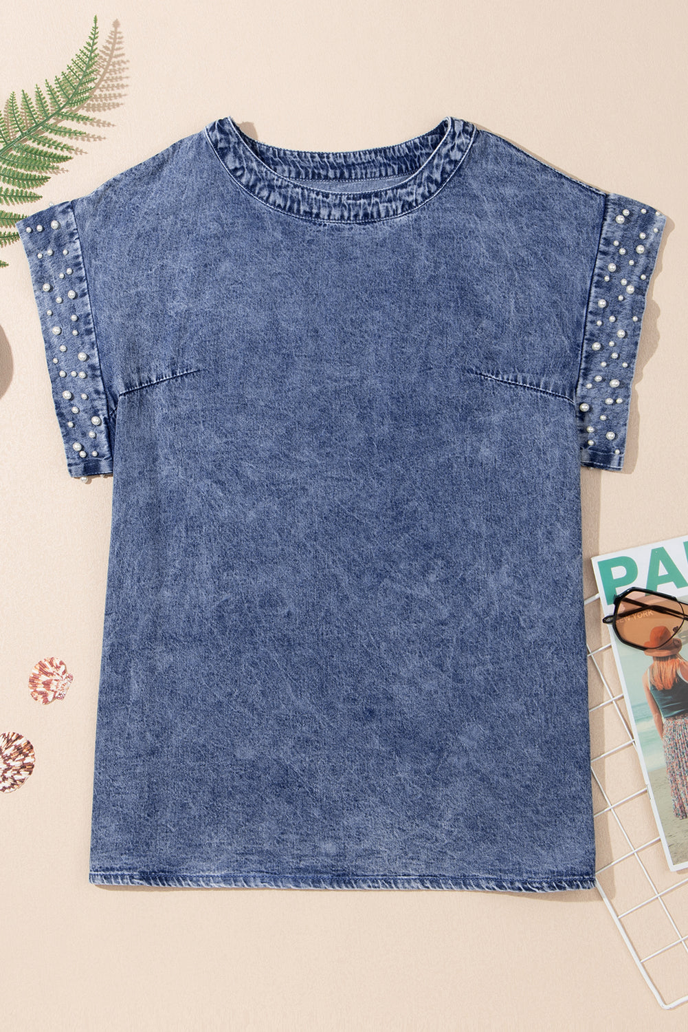 Blue Acid Wash Pearl Embellishments Denim Top. GCollection