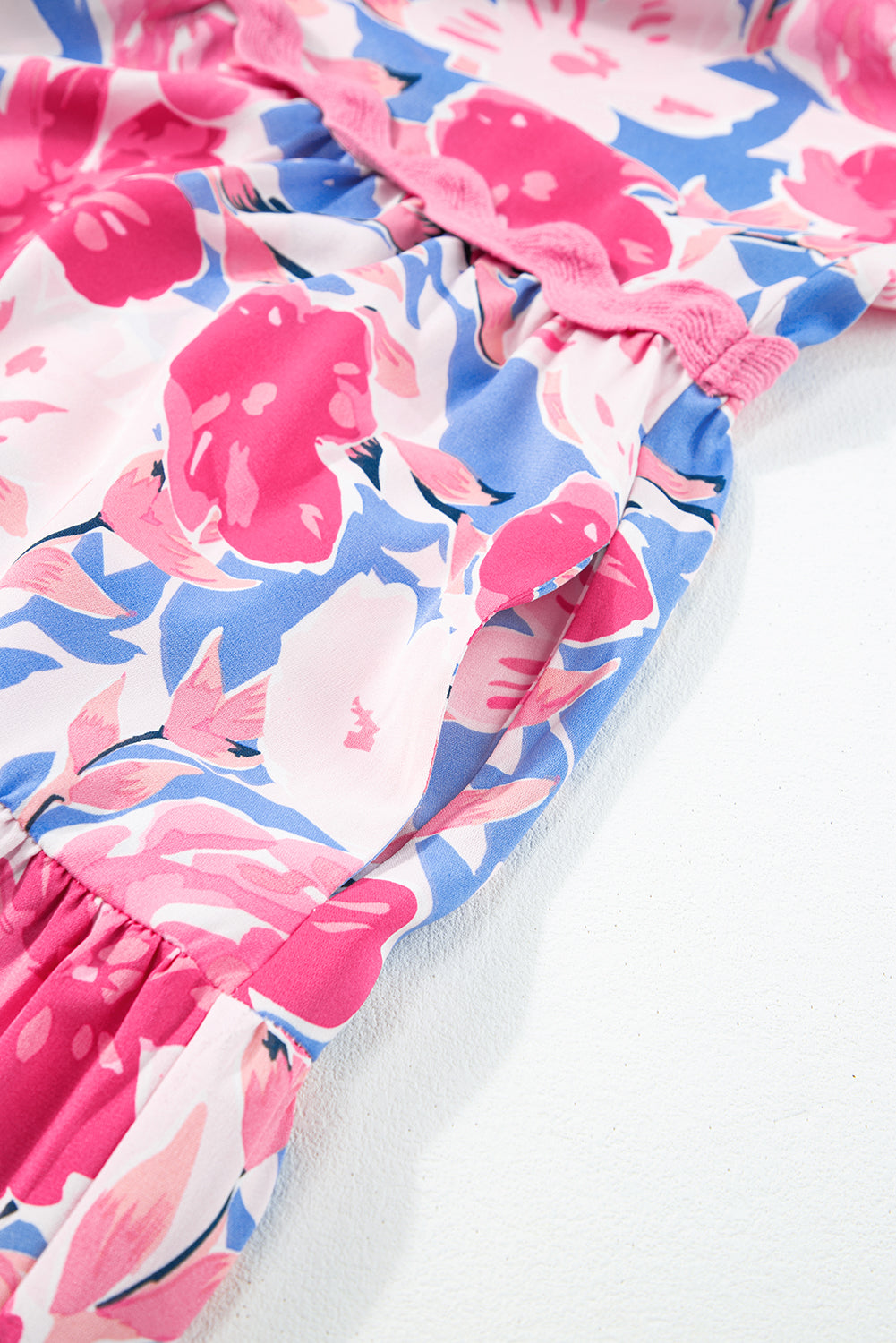 Pink Floral Printed V Notched Ric Rac Flutter Sleeve Dress. GCollection