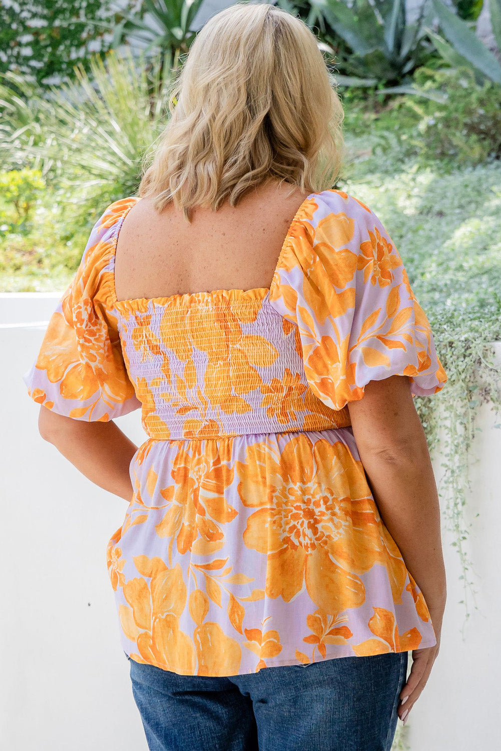 Floral Puff Sleeve Smocked Plus Size Babydoll Blouse. PSCollection
