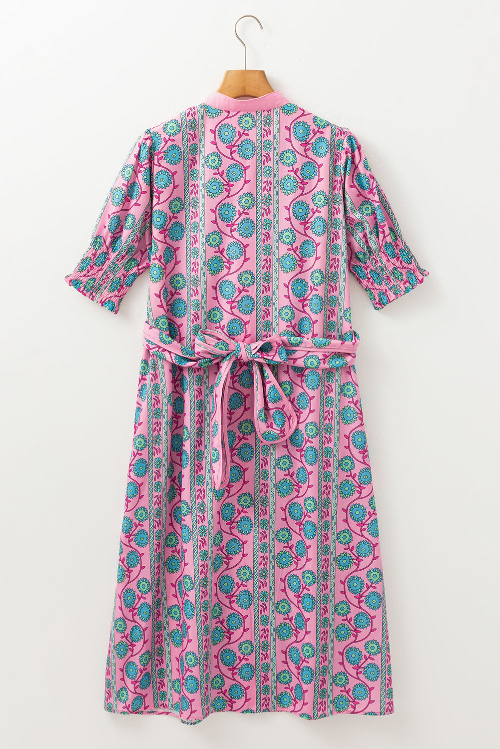 Pink Floral Puff Sleeve Buttoned Front Midi Dress with Sash. GCollection