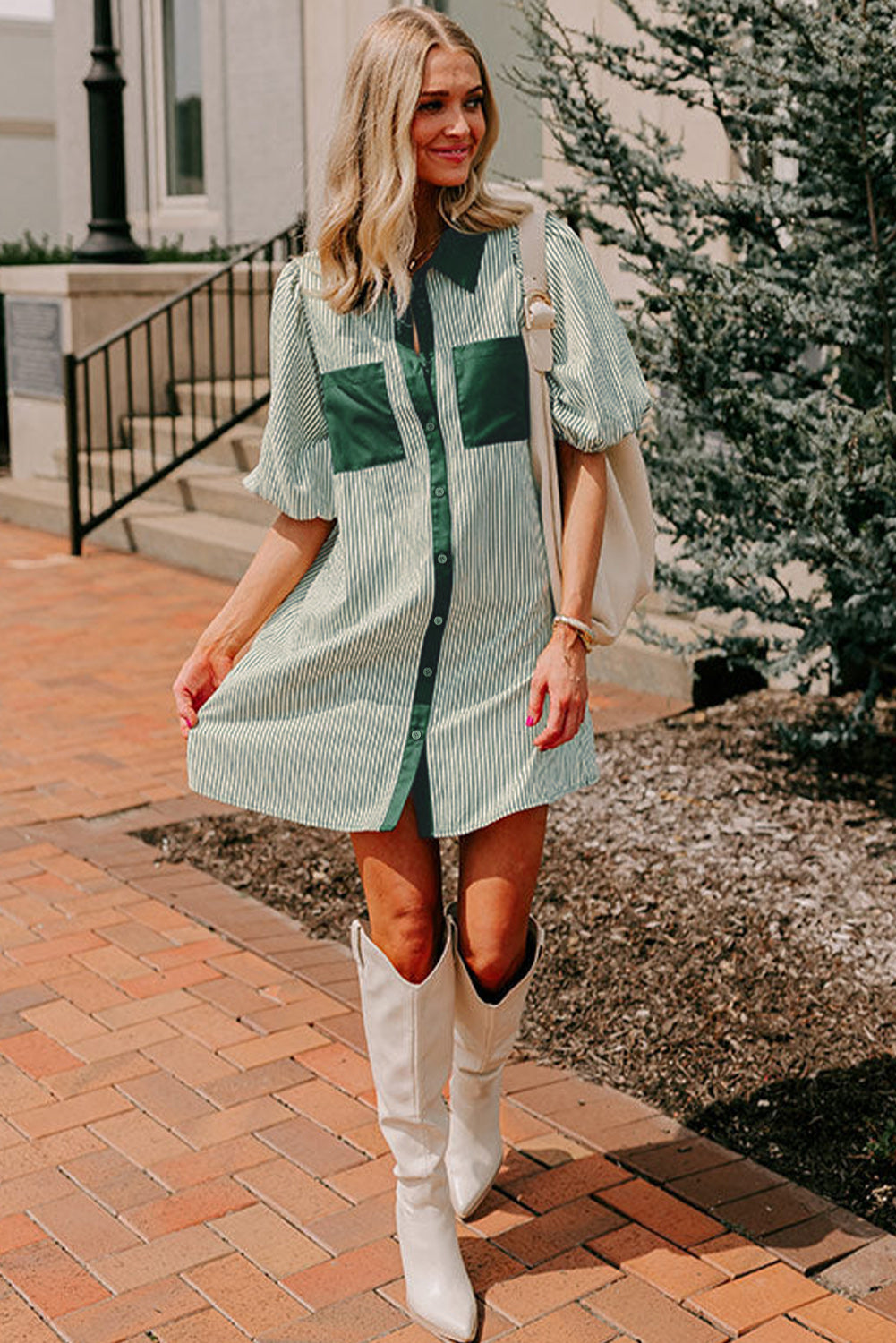 Green Patch Puff Sleeve Dress. GCollection