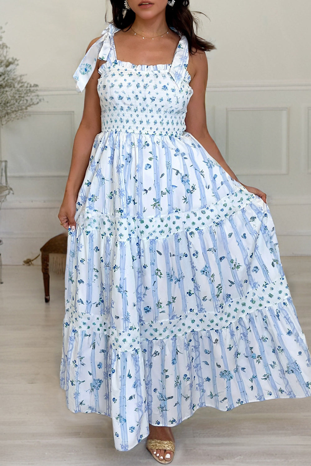 Sky Blue Floral Smocked Tied Straps A-Lined Maxi Dress. GCollection