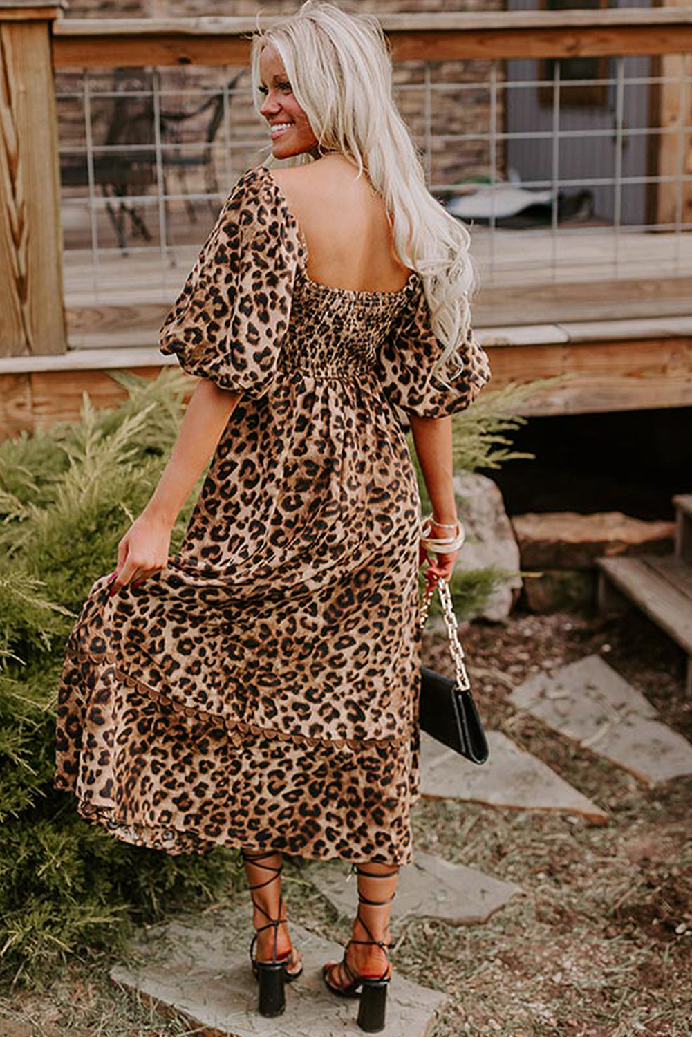 Brown Leopard Print Bubble Sleeve Maxi Dress. GCollection