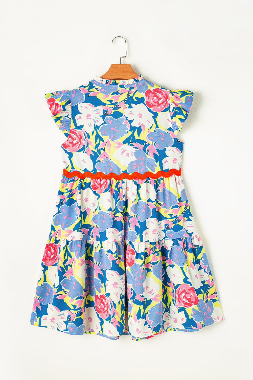 Sky Blue Floral Printed V Notched Ric Rac Flutter Sleeve Dress. GCollection