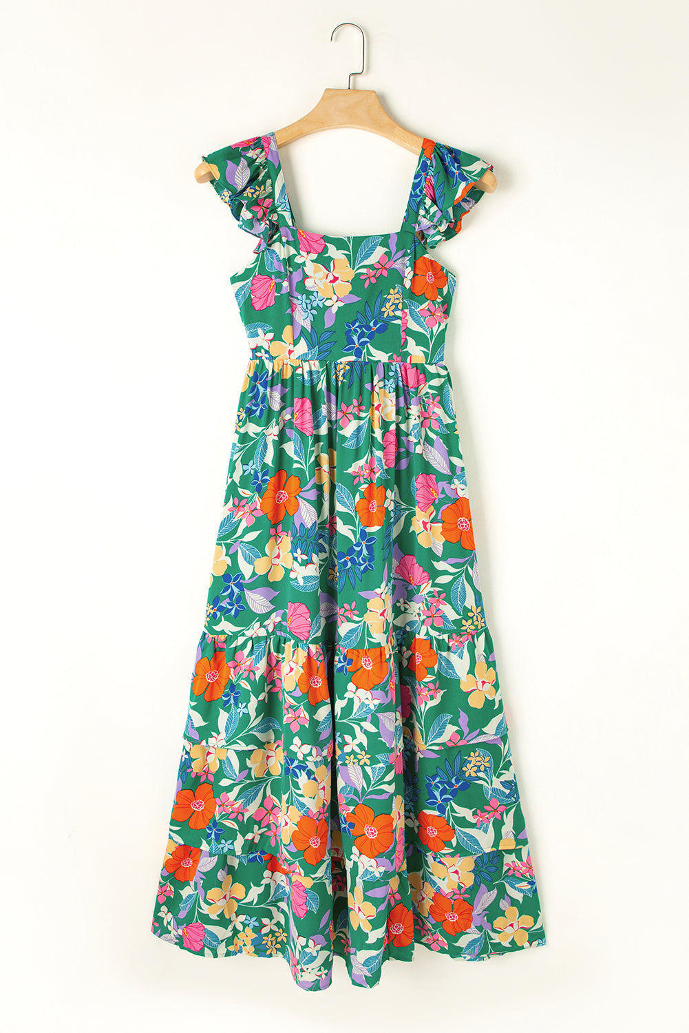 Green Floral Print Sleeveless Ruffle Tiered Maxi Dress. GCollection