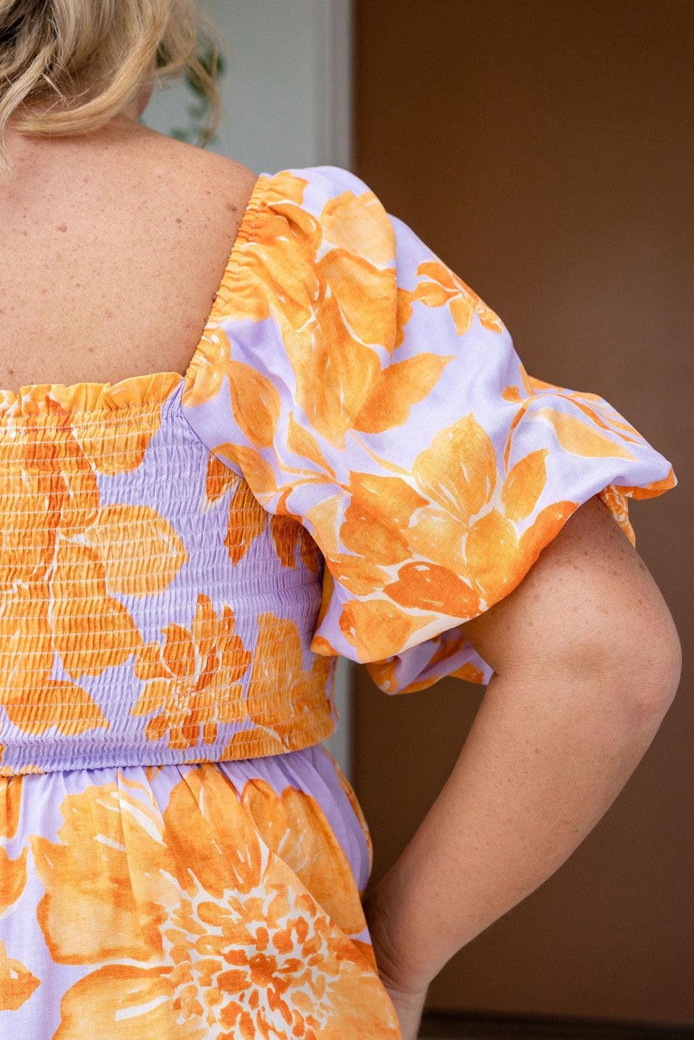 Floral Puff Sleeve Smocked Plus Size Babydoll Blouse. PSCollection