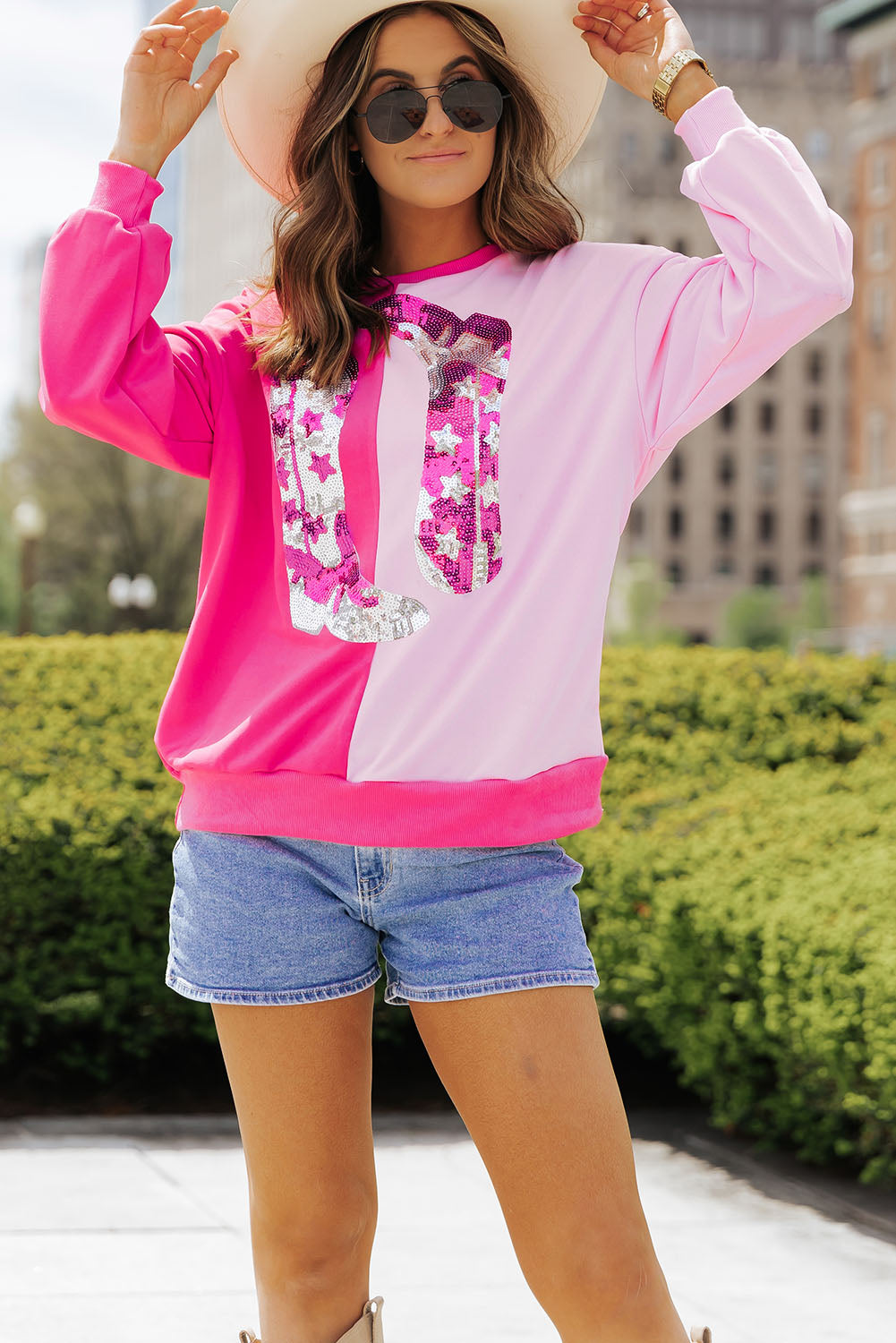 Pink Color Block Sequined Cowgirl Boots Graphic Sweatshirt. GCollection